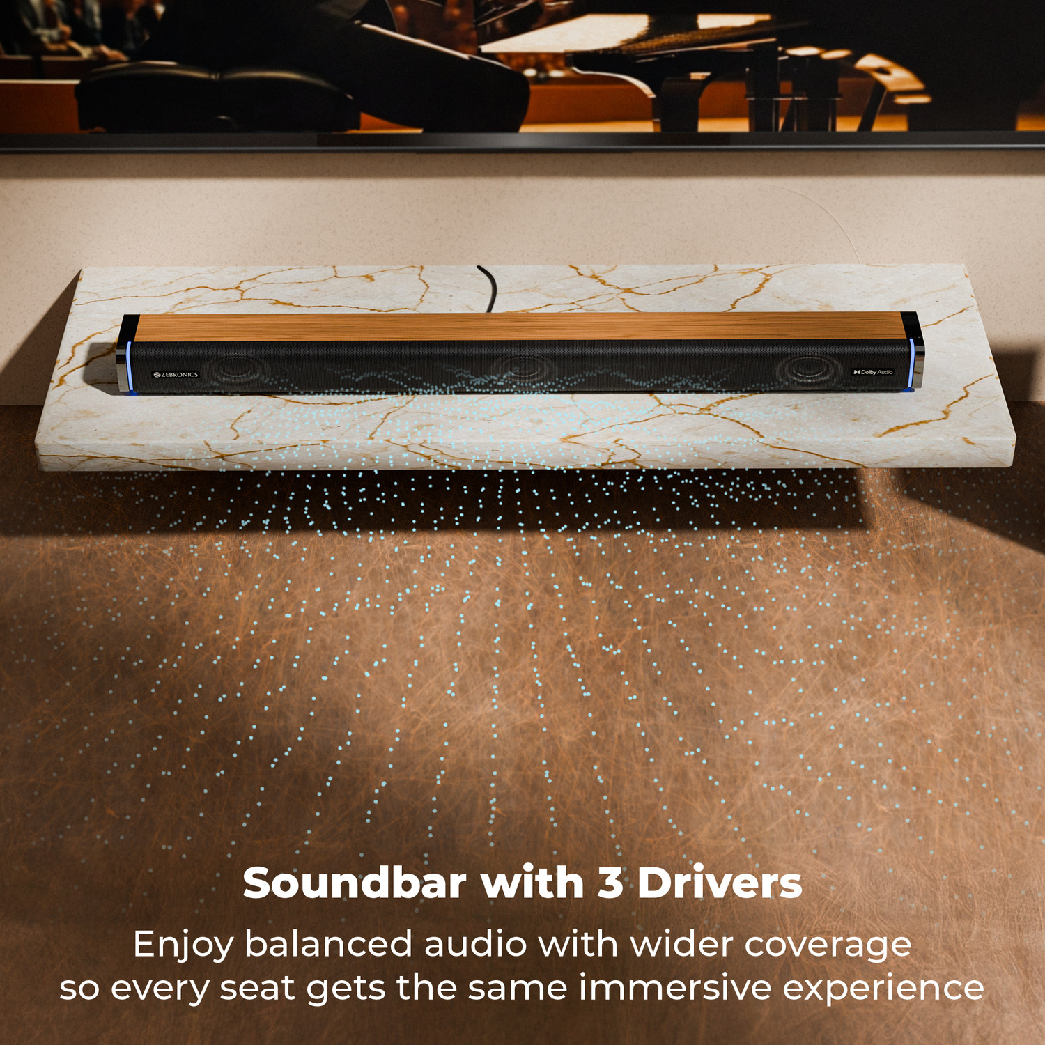 Image of ZEBRONICS Juke Bar 9530 Dolby Audio Wired Subwoofer & Dual Rear Satellites, Wooden Finish 550 W Bluetooth Soundbar