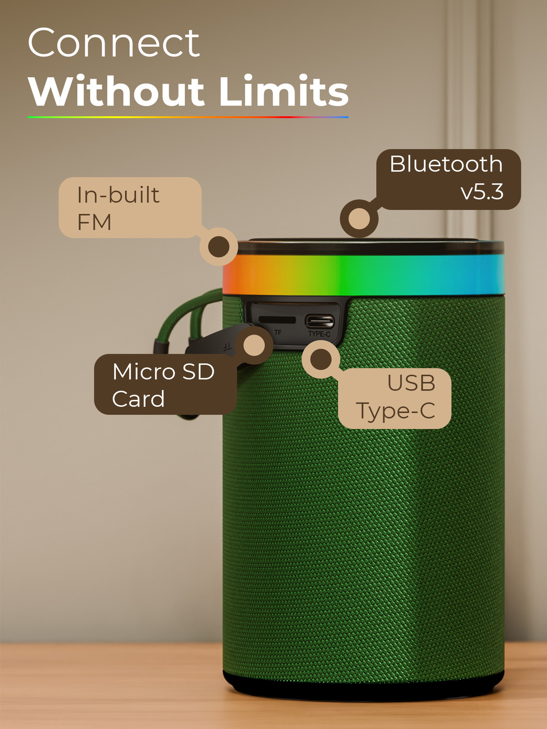 Image of TRIGGR Roar 10 with RGB Lights, Fabric Exterior, TWS & FM Mode, 8H Playtime 10 W Bluetooth Speaker