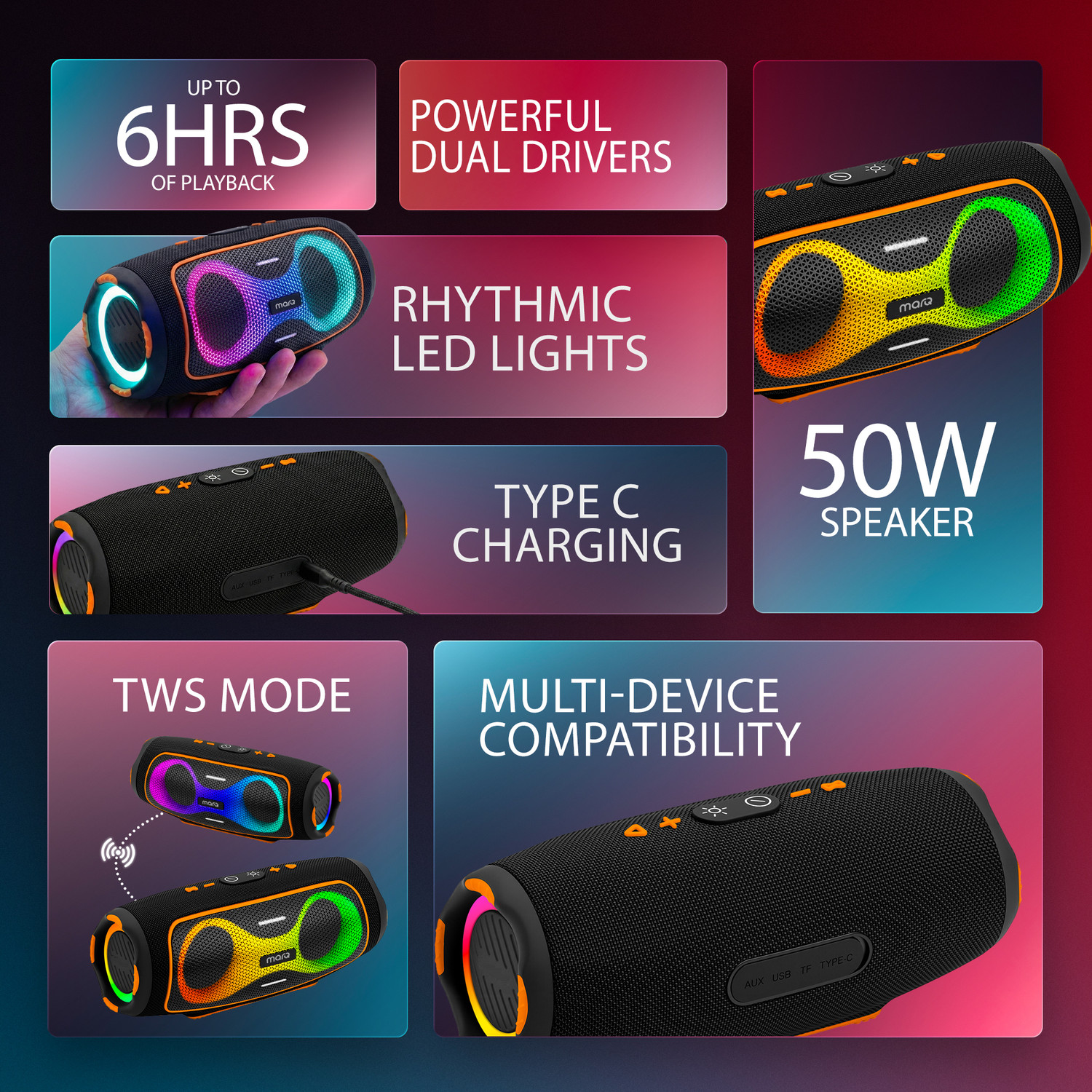 Image of MarQ by Flipkart Party Pod with Powerful Dual Drivers, Upto 6Hrs of Playback, TWS Mode 50 W Bluetooth Speaker