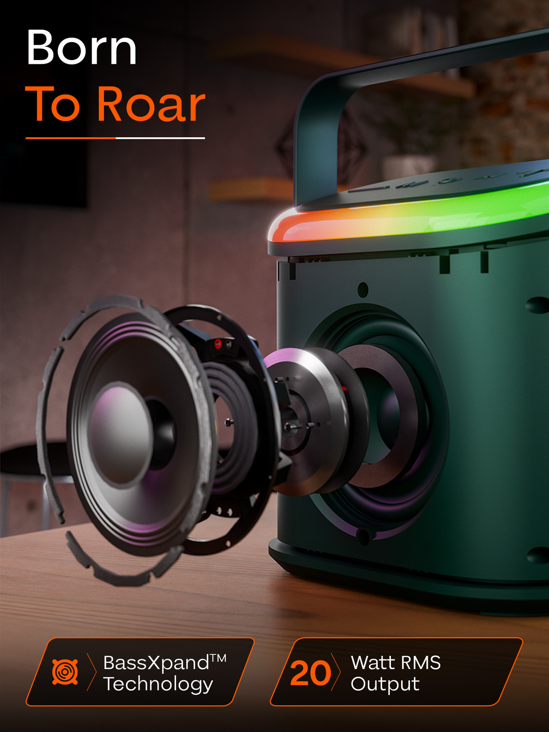 Image of TRIGGR Roar 20 with RGB Lights, Metal Mesh, TWS & FM Mode, 7H Playtime, BT v5.4,20W 20 W Bluetooth Speaker
