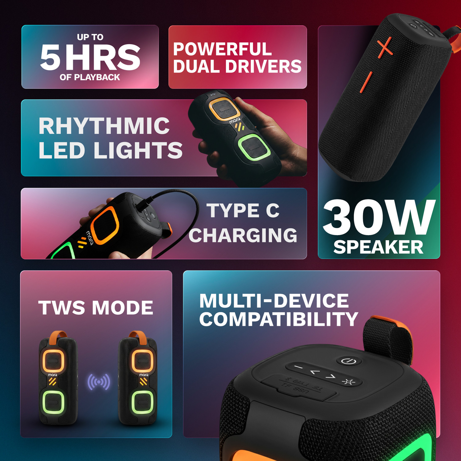 Image of MarQ by Flipkart Party Pod with Powerful Dual Drivers, Upto 5Hrs of Playback, TWS Mode 30 W Bluetooth Speaker