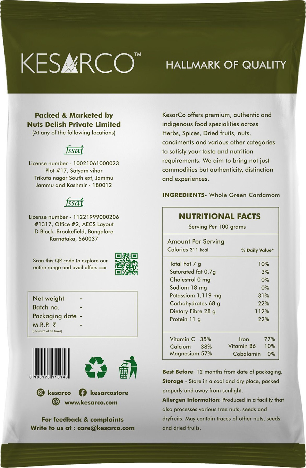 Image of KESARCO Whole Green Cardamom, Elaichi, Kerala Origin