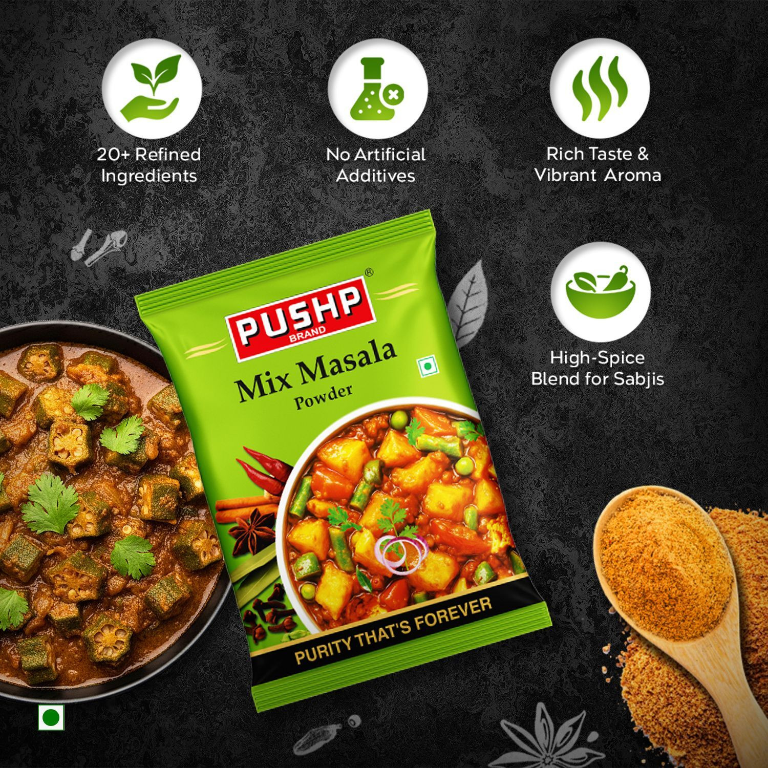 Image of Pushp Brand Mix Masala Powder 500g Pouch | Pack of 1 | Indian Curry Sabzi Gravy Spice Mix
