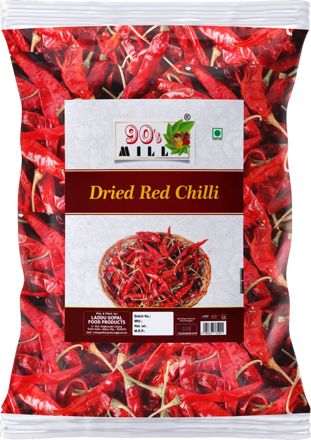 90's MILL Organic Sabut Tikha Lal Mirch A++ Whole Red Chili Hot Dry Red Chilli-150Gx1Pk
