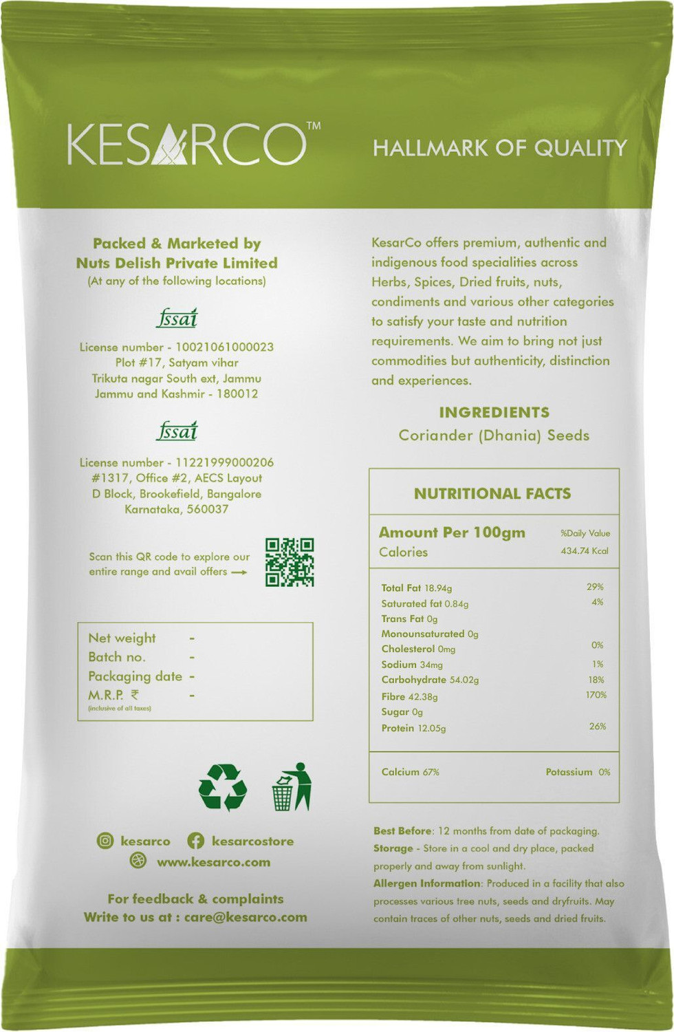 Image of KESARCO Whole Coriander Seeds | Pure, Aromatic & Sun-Dried | Sabut Dhaniya
