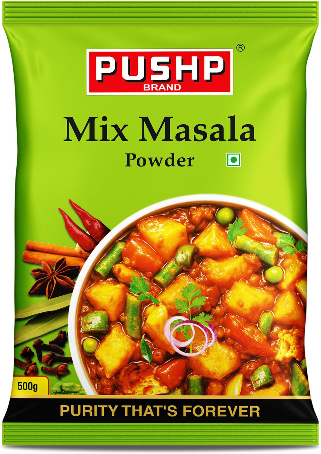 Image of Pushp Brand Mix Masala Powder 500g Pouch | Pack of 1 | Indian Curry Sabzi Gravy Spice Mix