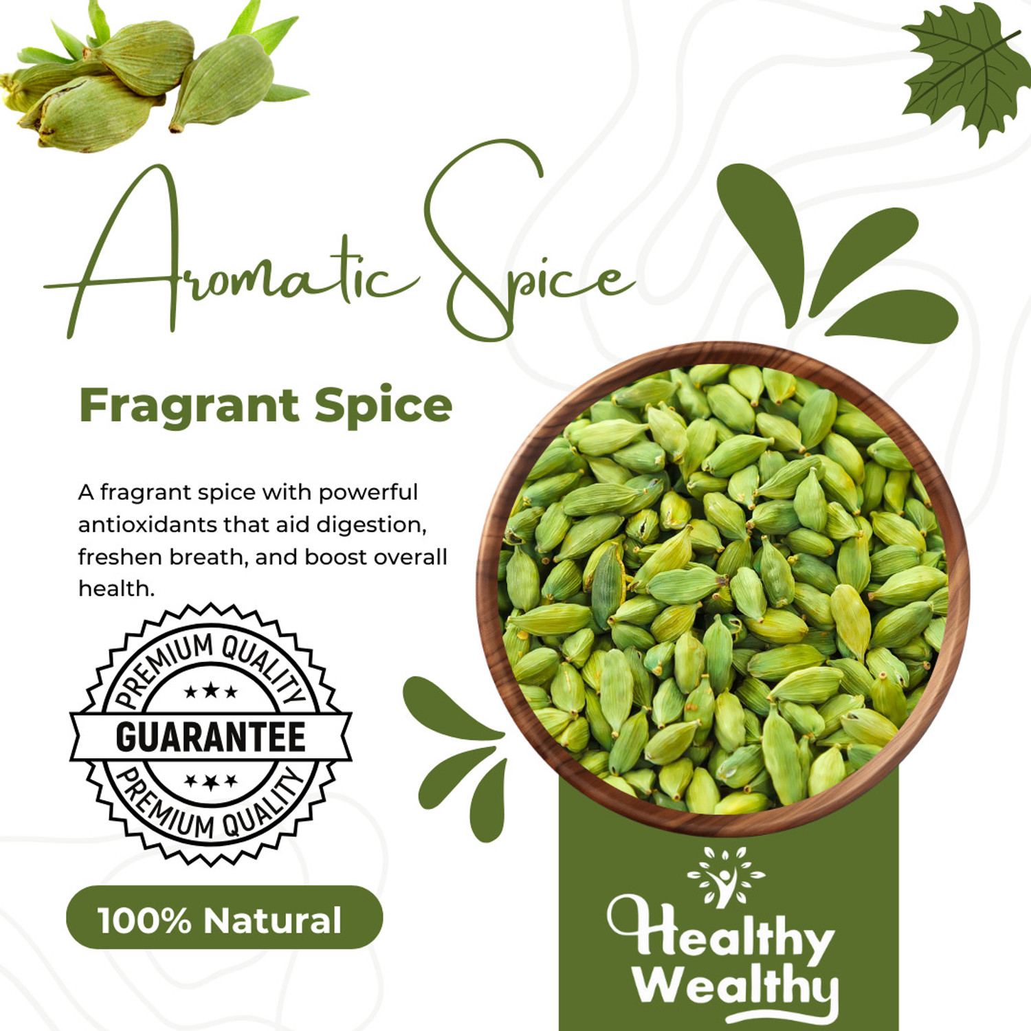 Image of Healthy Wealthy Cardamom Green Whole (Elaichi) | Grade - Bold Size - 8mm