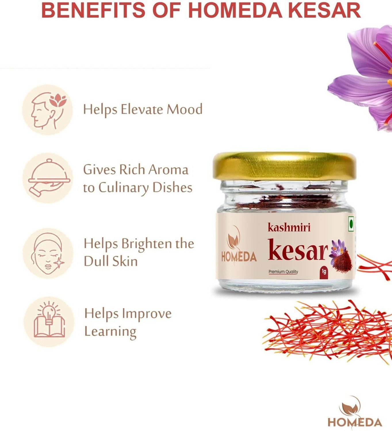 Image of Homeda Kesar Saffron Original 2g, Pure Kashmiri Kumkuma Puvvu, Kungumapoo, Grade A