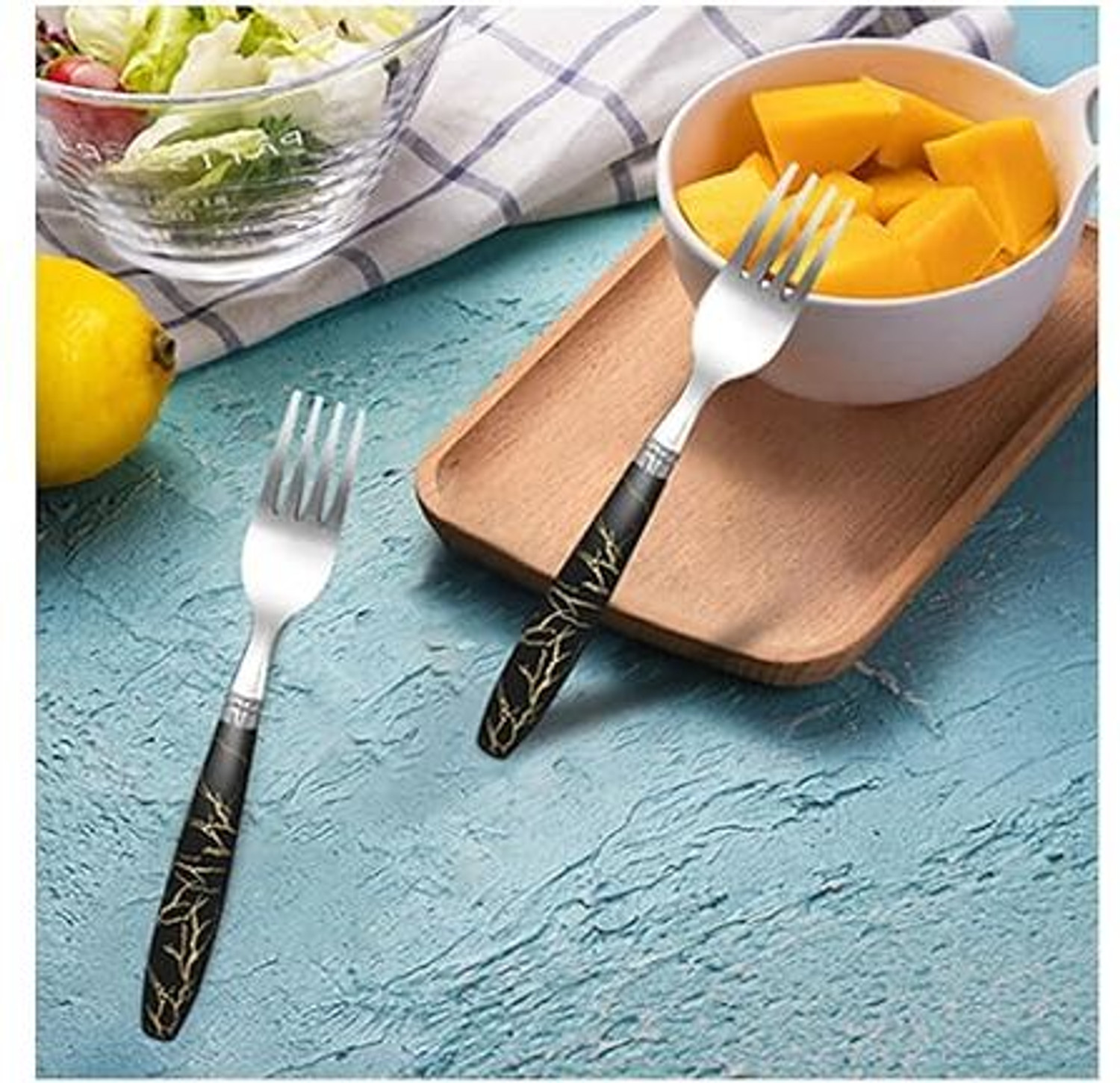 Image of GIFTMART Dining Fork Salad Marble Black Look Ceramic Design Stainless Steel 6 pcs Stainless Steel, Plastic Salad Spoon, Dessert Spoon Set