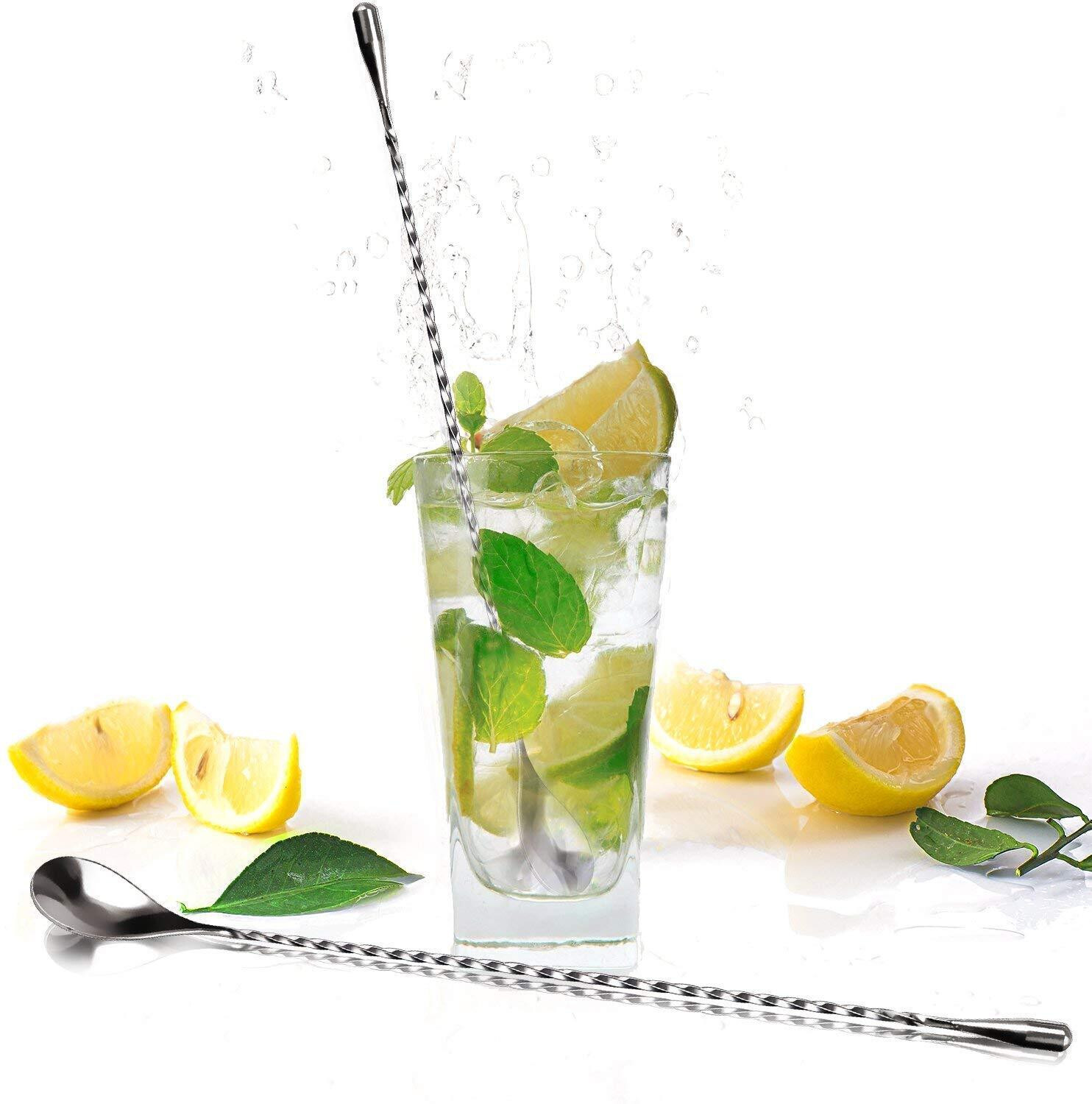 Image of mshine 12-Inch Japanese Style Teardrop Twisted Bar Spoon | Long Handle Silver Stirrer Stainless Steel Table Spoon
