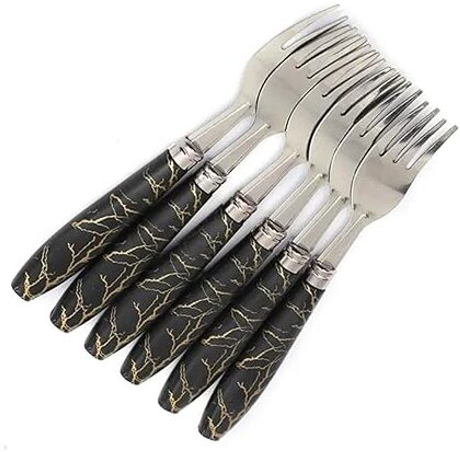 Image of GIFTMART Dining Fork Salad Marble Black Look Ceramic Design Stainless Steel 6 pcs Stainless Steel, Plastic Salad Spoon, Dessert Spoon Set