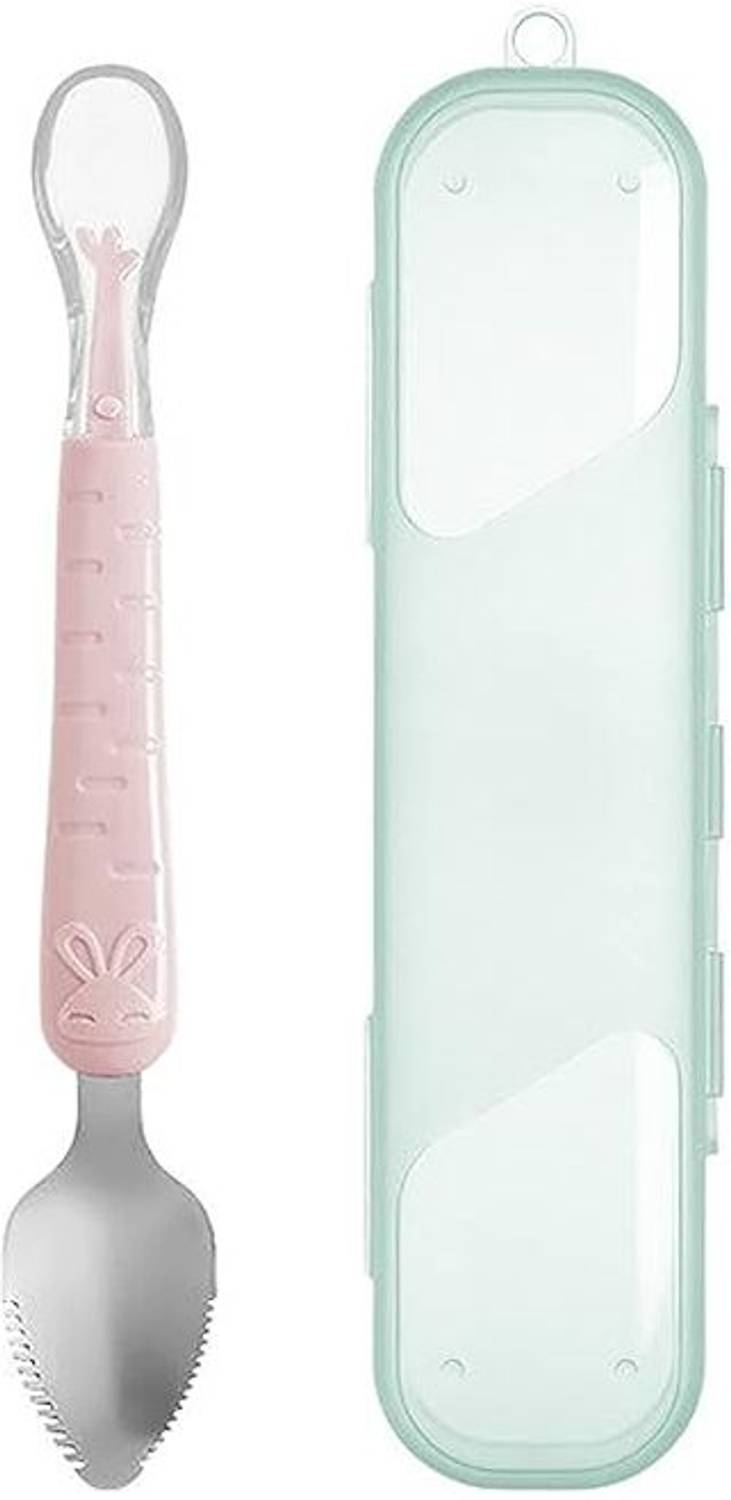 Aabhir Traders Baby Spoon Self Feeding Spoon with Fruit Scraper Stainless Steel, Silicone Dessert Spoon Set
