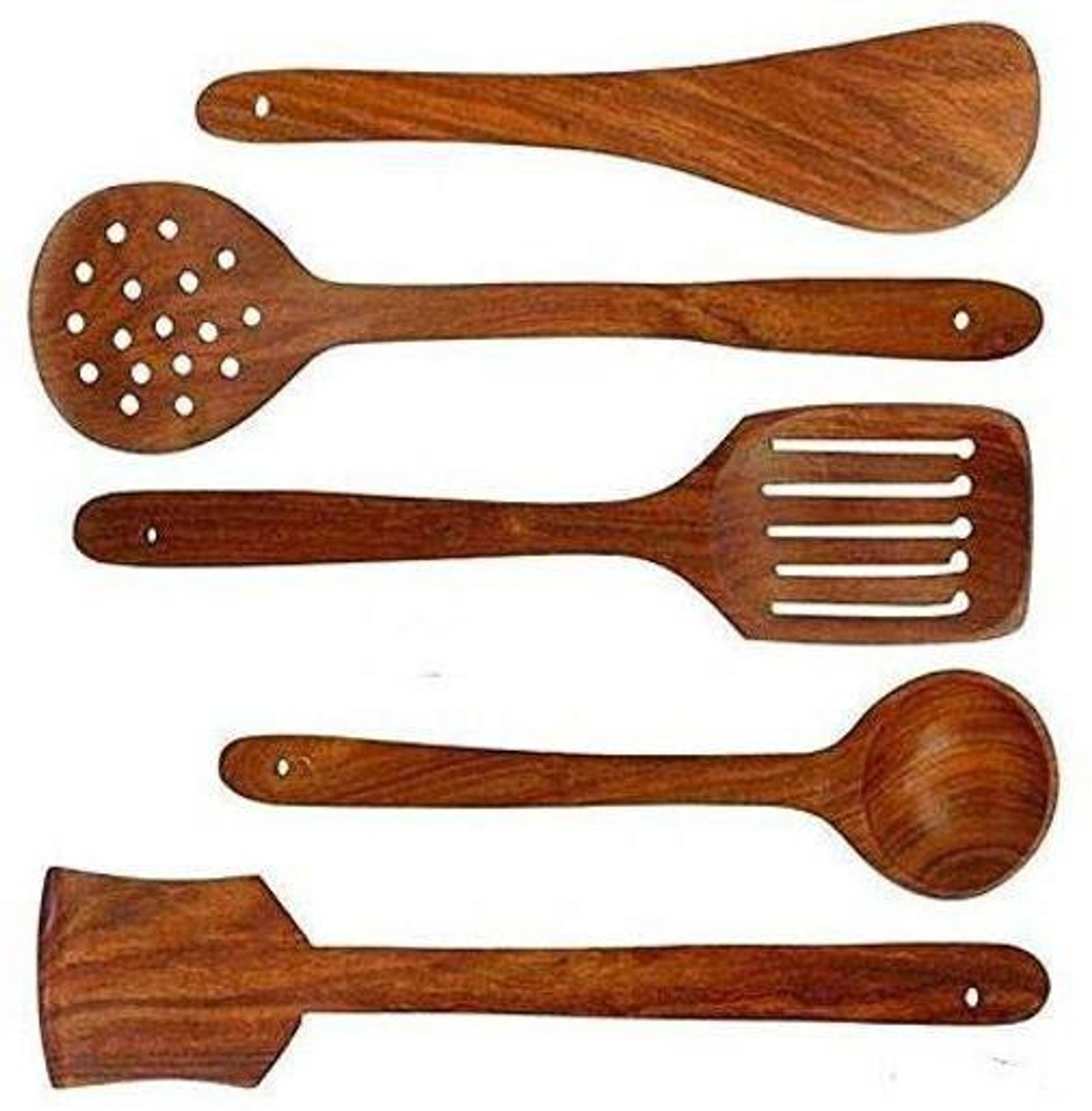 Image of pahadi lala Wood Serving and Cooking Spoon Kitchen Tools Set of 5 Wooden Serving Spoon Set