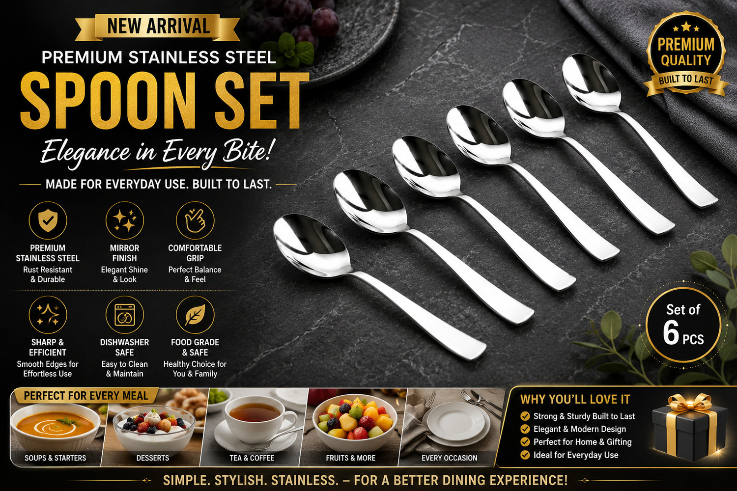 Image of cerinox 6pc spoon set for Multipurpose use. Stainless Steel Cutlery Set