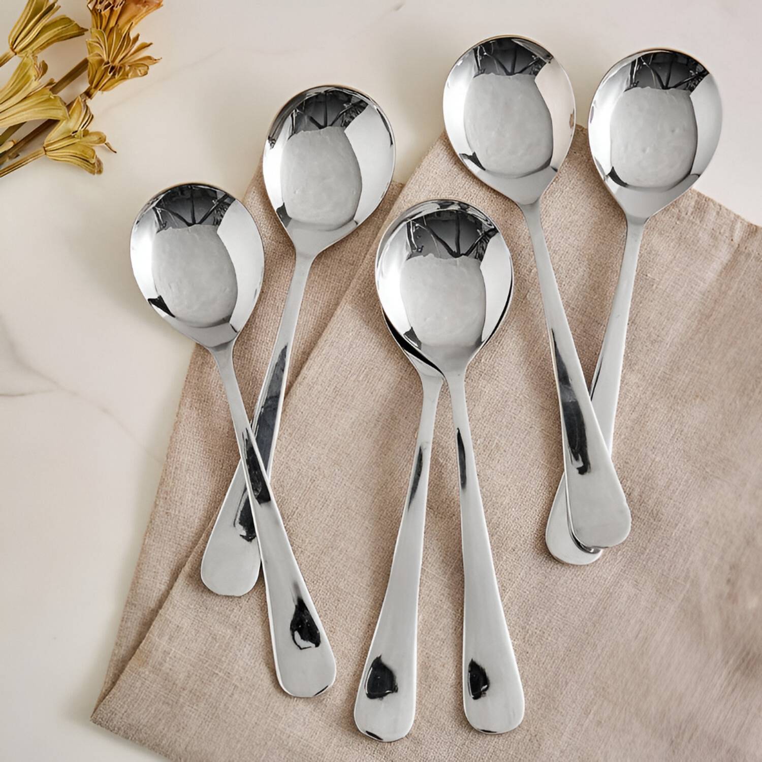 AVISTRA Soup Spoons, Round Stainless Steel Bouillon Spoons, Set of 6 Stainless Steel Stainless Steel Soup Spoon Set