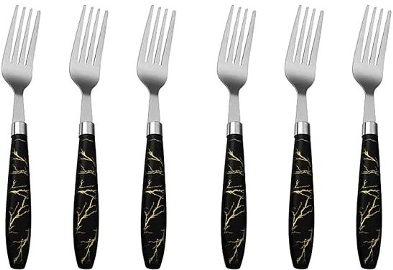 Image of GIFTMART Dining Fork Salad Marble Black Look Ceramic Design Stainless Steel 6 pcs Stainless Steel, Plastic Salad Spoon, Dessert Spoon Set