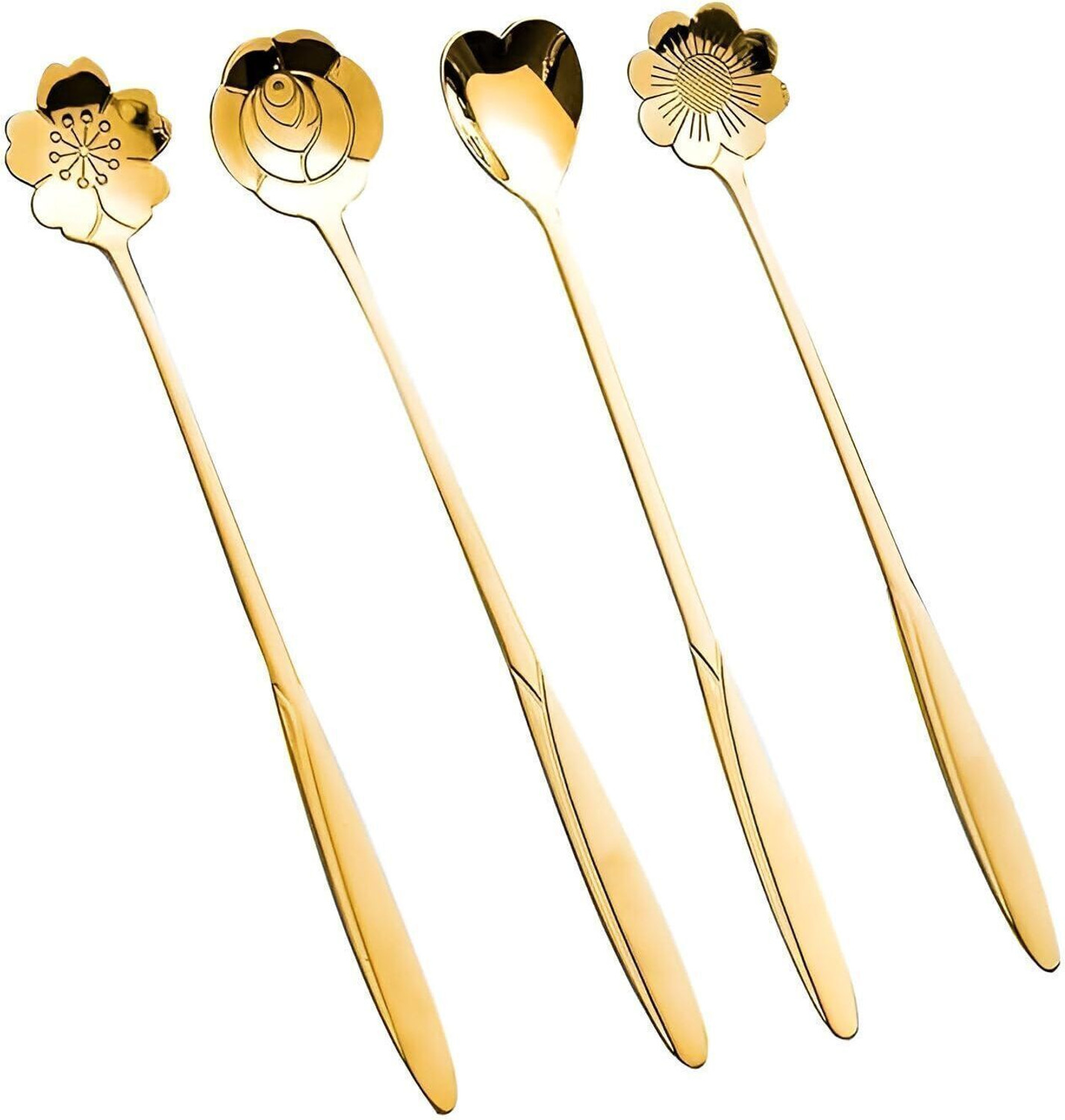 Image of ANUSHRE 4 PCS Gold Flower-Design Stirring Spoon Set Stainless Steel Dessert Spoon Set