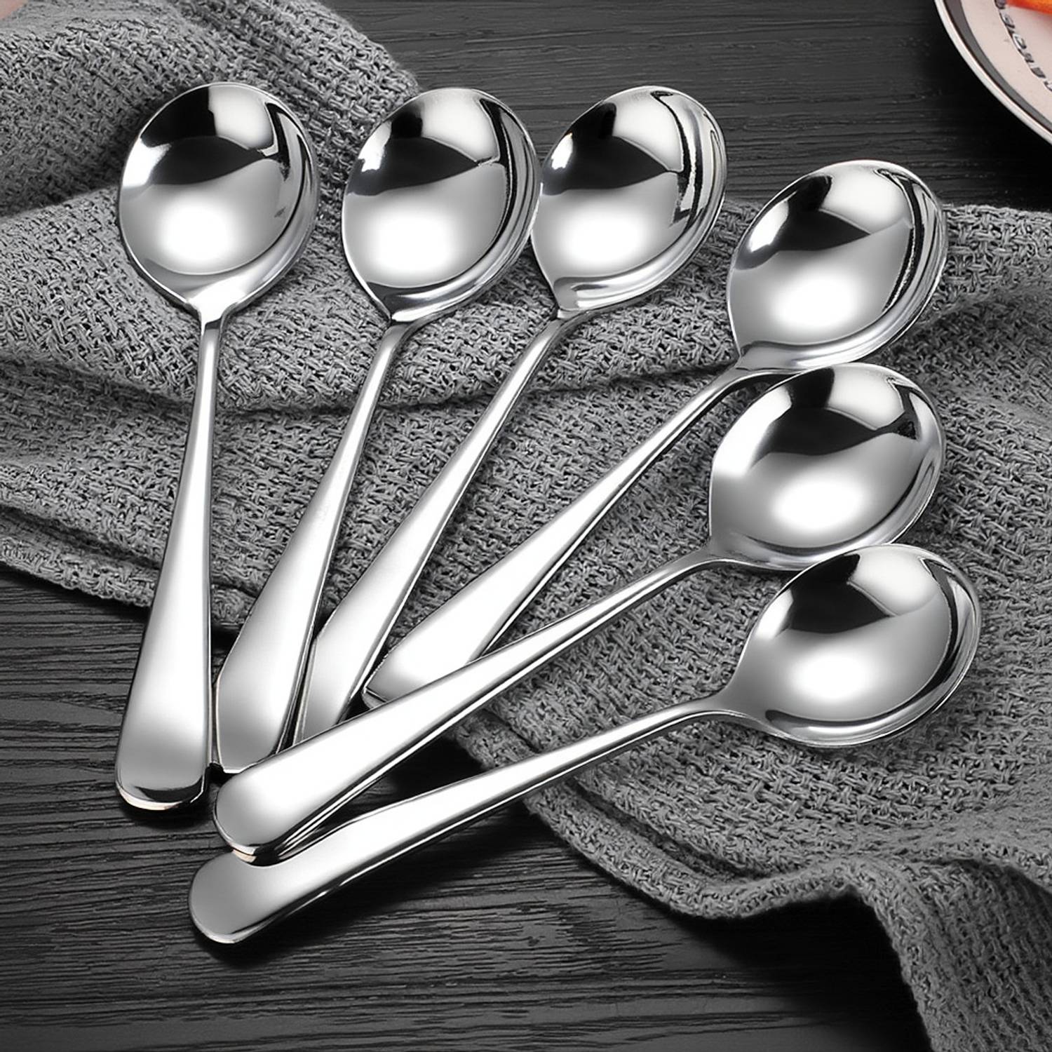 AVISTRA Soup Dinner Table Serving Cooking Long Handle Stainles Steel Round Soup set of 6 Stainless Steel Soup Spoon Set