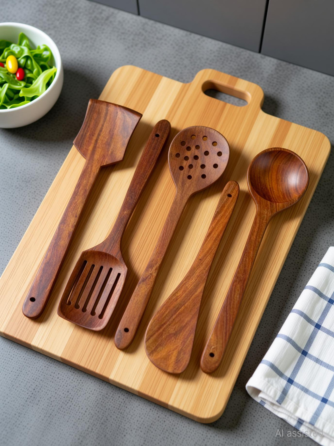 Image of Woodykart Wooden Salad Spoon and Spatula Set made from Natural Wood Wooden Salad Spoon Set