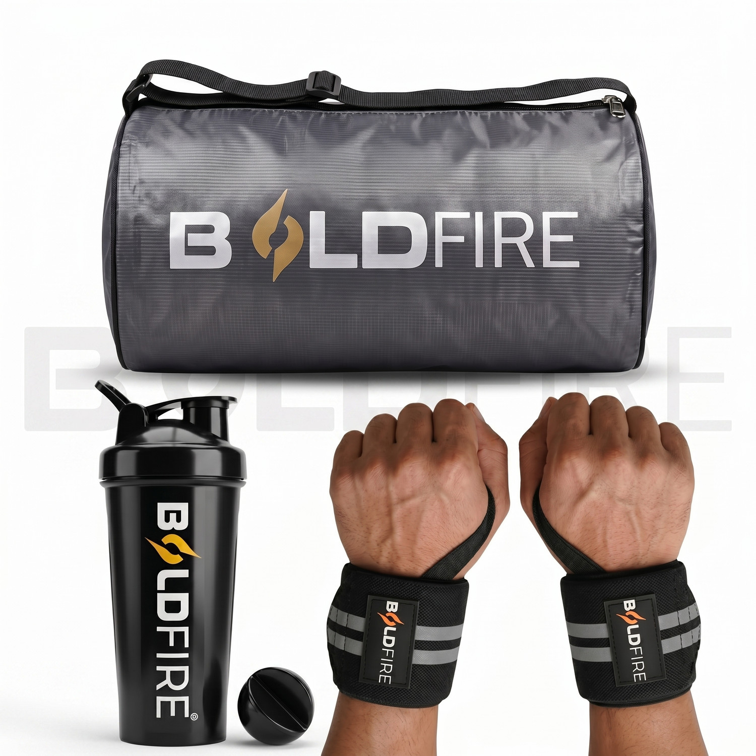 Image of BoldFire Fitness ComboWrist Band With Gym Bag & 700ML Gym Shaker with Whisk Ball