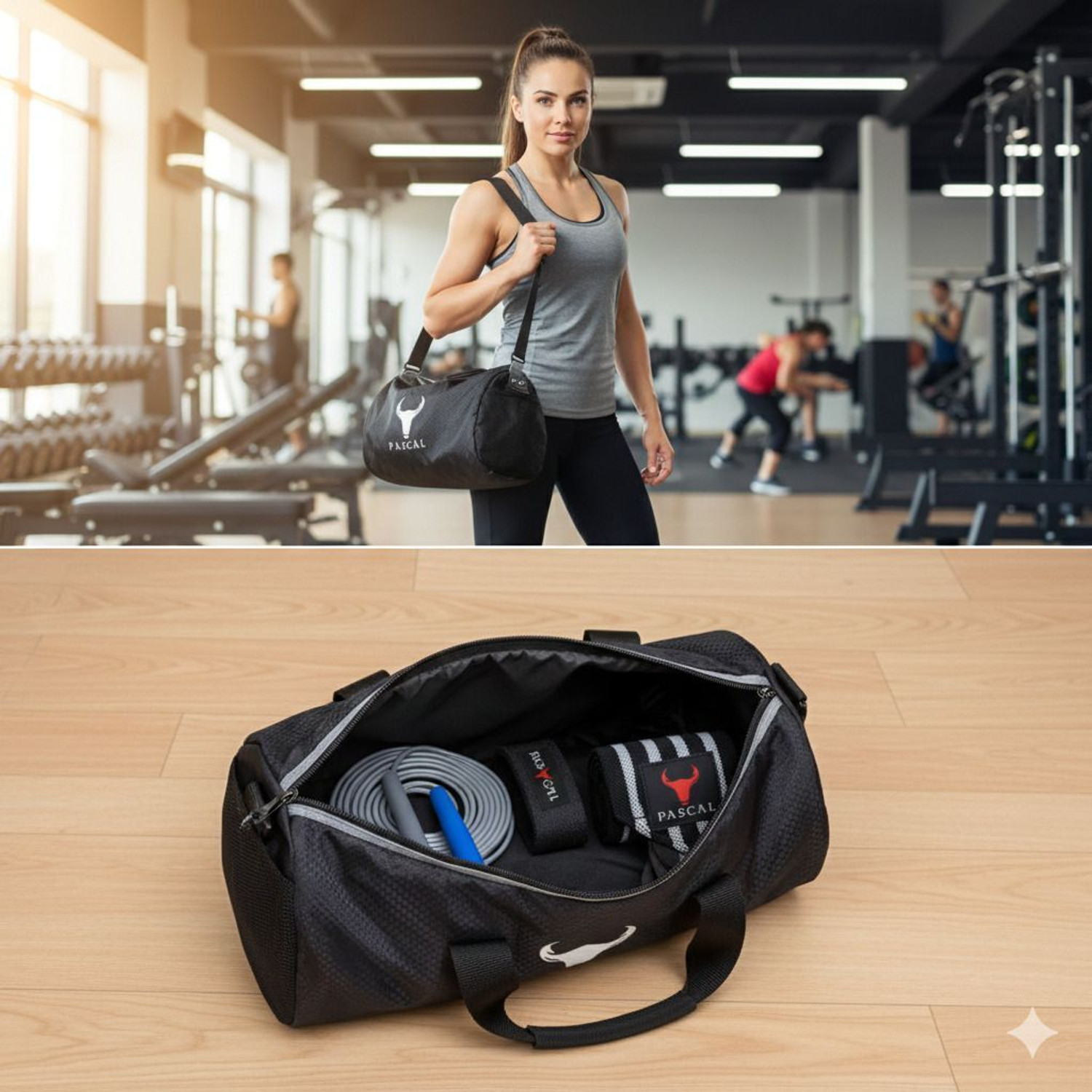 Image of Pascal Gym Bag combo with Premium wrist band,dead lift wrap, skipping rope for workout (Kit Bag)
