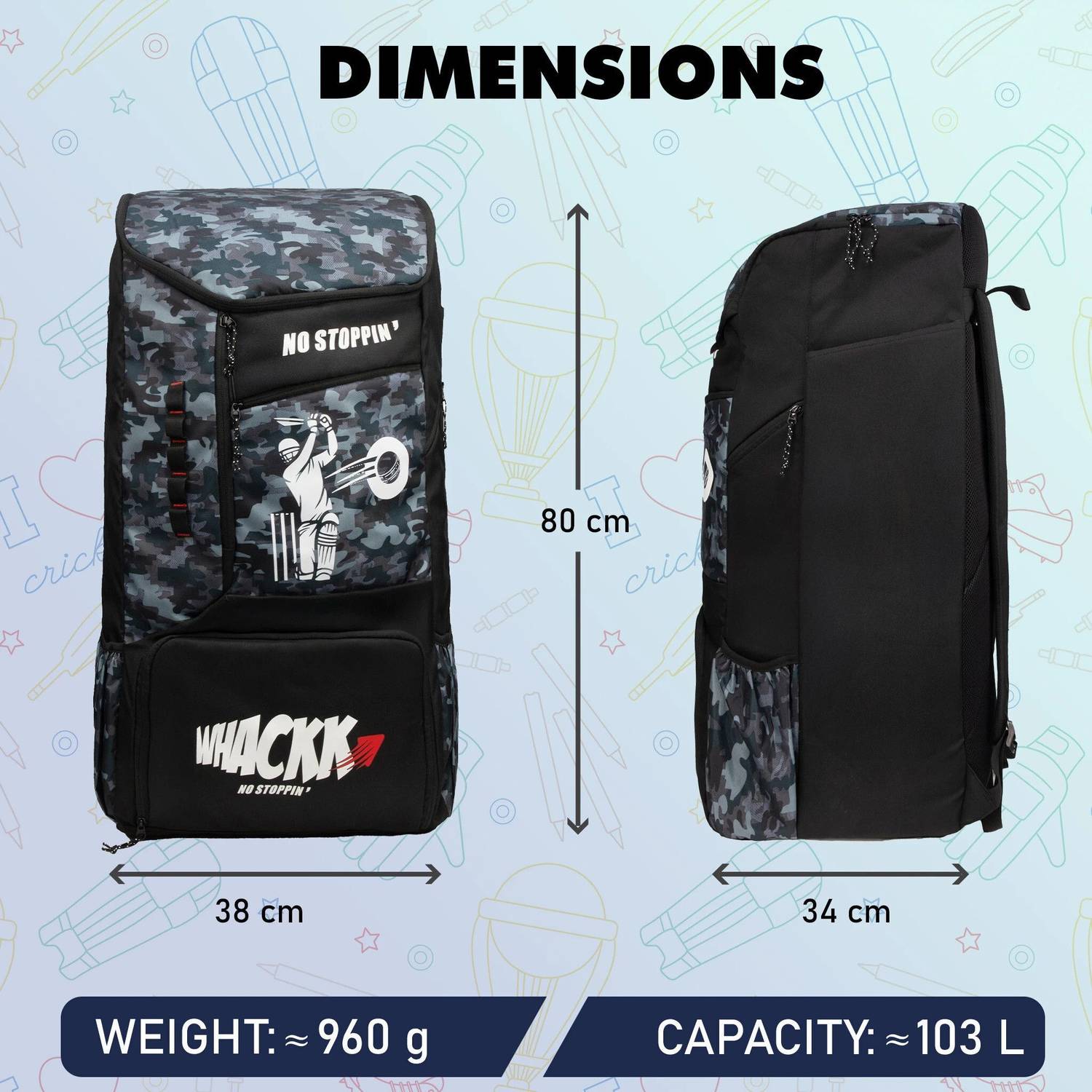 WHACKK Kallis Grey Black Adult Cricket Kit Bag Backpack Fits 18