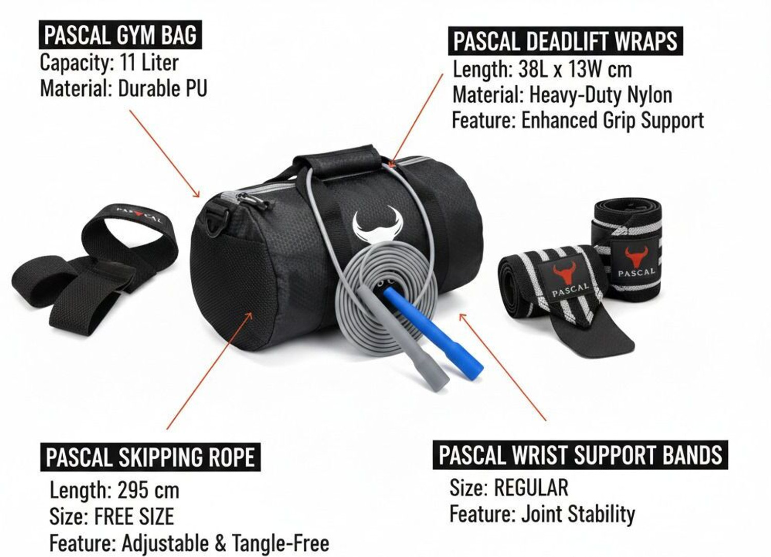 Image of Pascal Gym Bag combo with Premium wrist band,dead lift wrap, skipping rope for workout (Kit Bag)