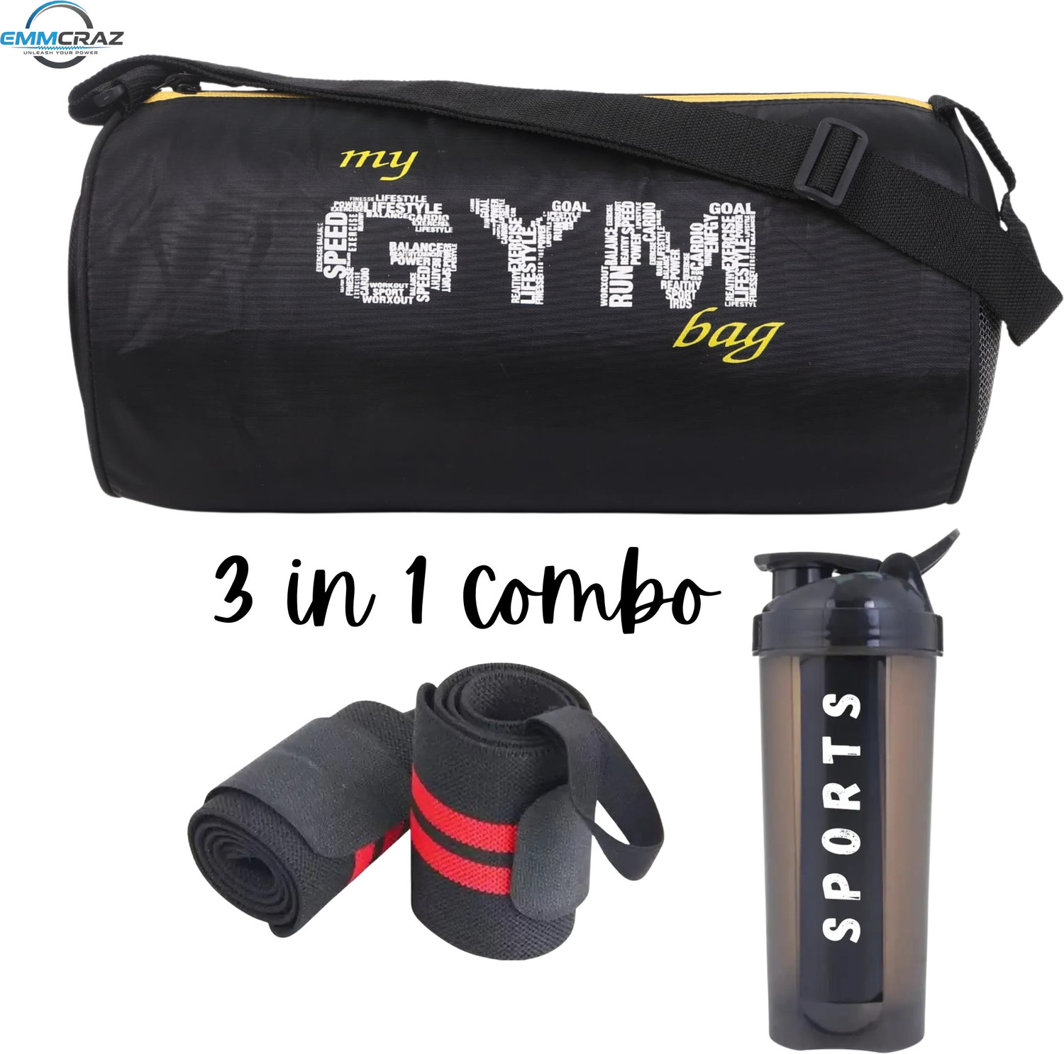 Image of EMMCRAZ Combo Wrist Band With Gym Bag & 700ML Gym Shaker PACKOF3) (Black, Kit Bag)
