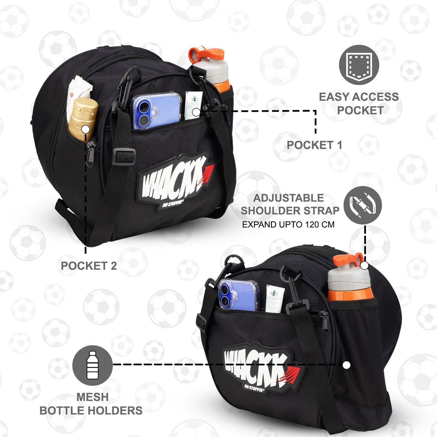 Image of WHACKK Attack Black Soccer Football Basketball Volleyball Kitbag Backpack Bag Sidebag