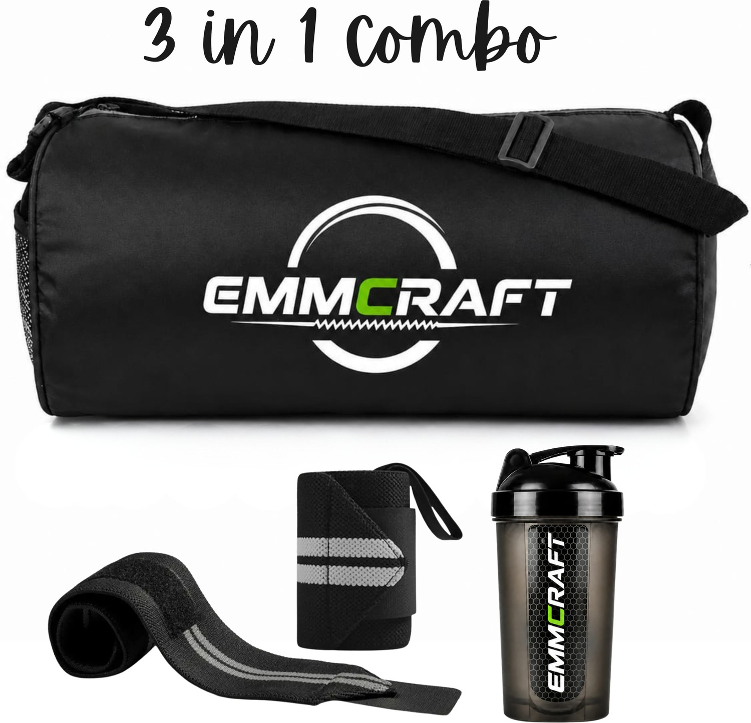 Image of EmmCraft Combo Of Gym Bag With Wrist Support & Gym Shaker Bottle (PACKOF3)