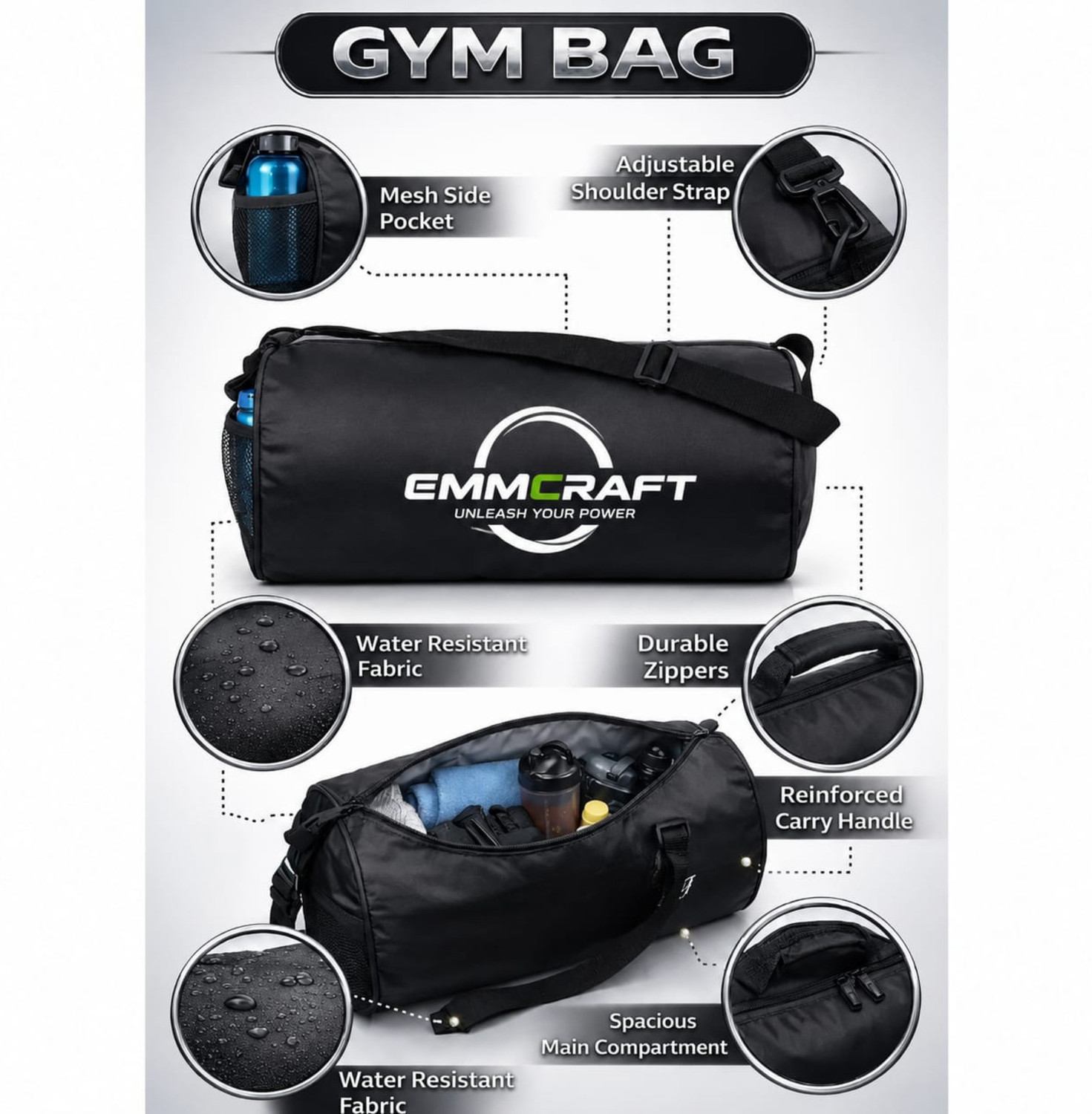 Image of EmmCraft Combo Of Gym Bag With Wrist Support & Gym Shaker Bottle (PACKOF3)