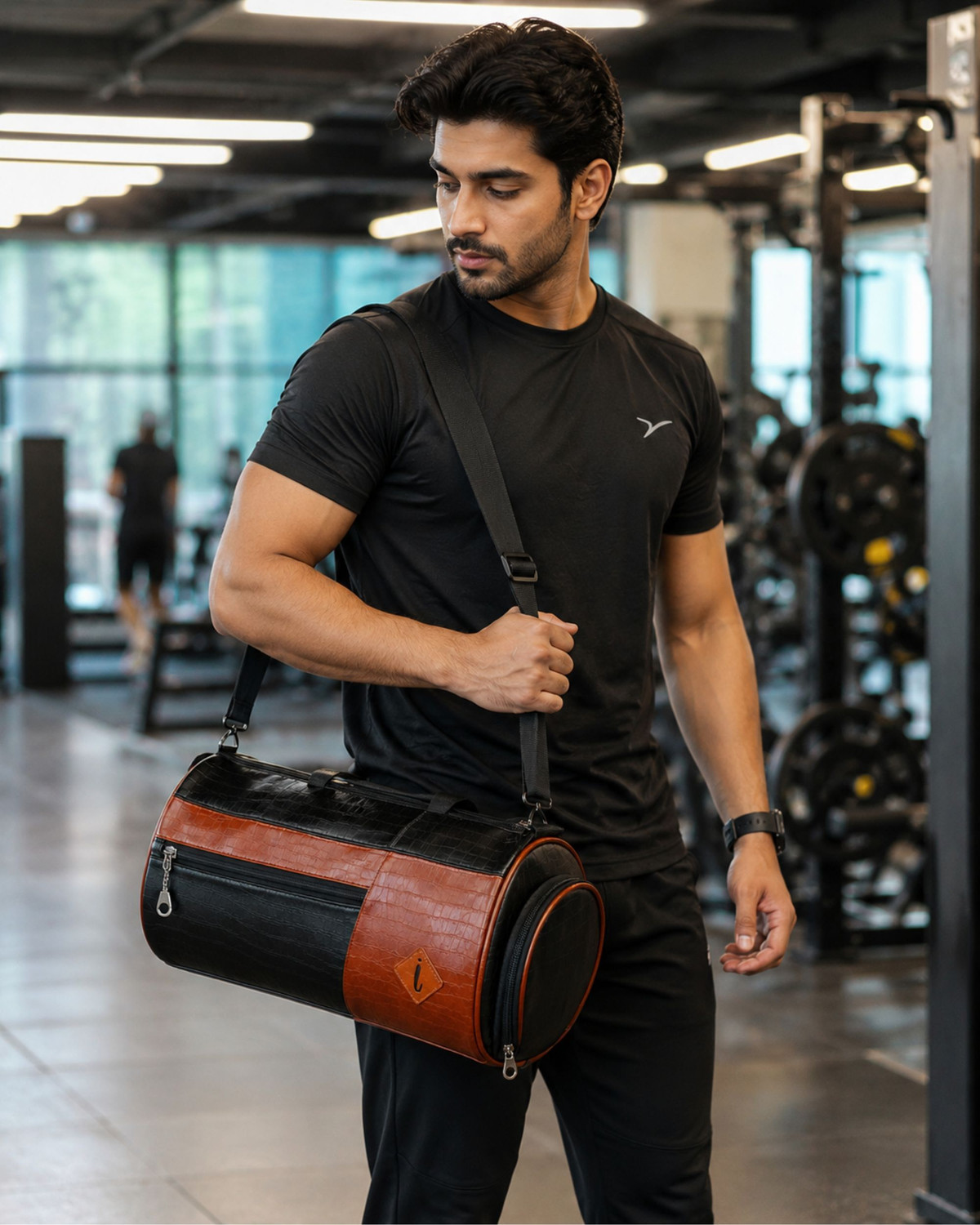 Image of Stylo Crocodile Textured Faux Leather Gym Duffel Bag with Shoe Compartment
