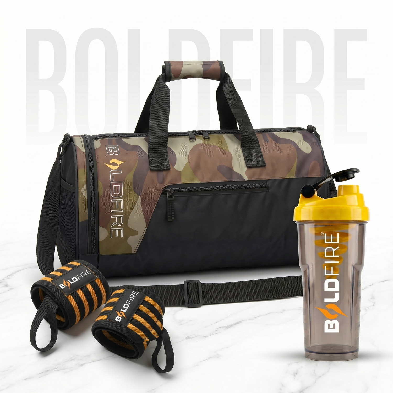 BoldFire Combo Premium Gym Bag, Repid Shaker Bottle & Wrist Support for Workout, Fitness