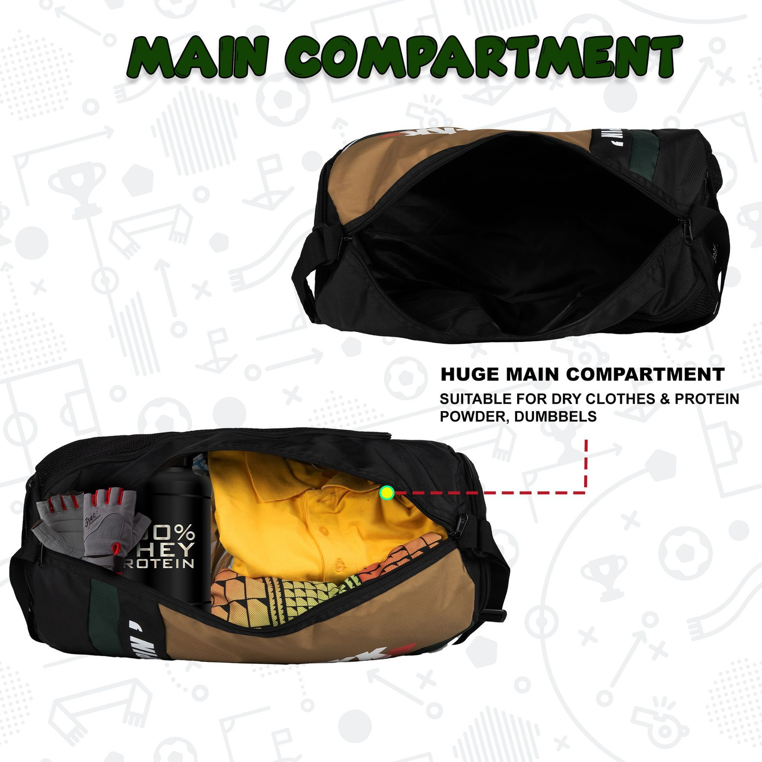 Image of WHACKK Armstrong Blk Khaki 33L Gym Fitness exercise Sports duffle bag Shoe dry /wet pkts