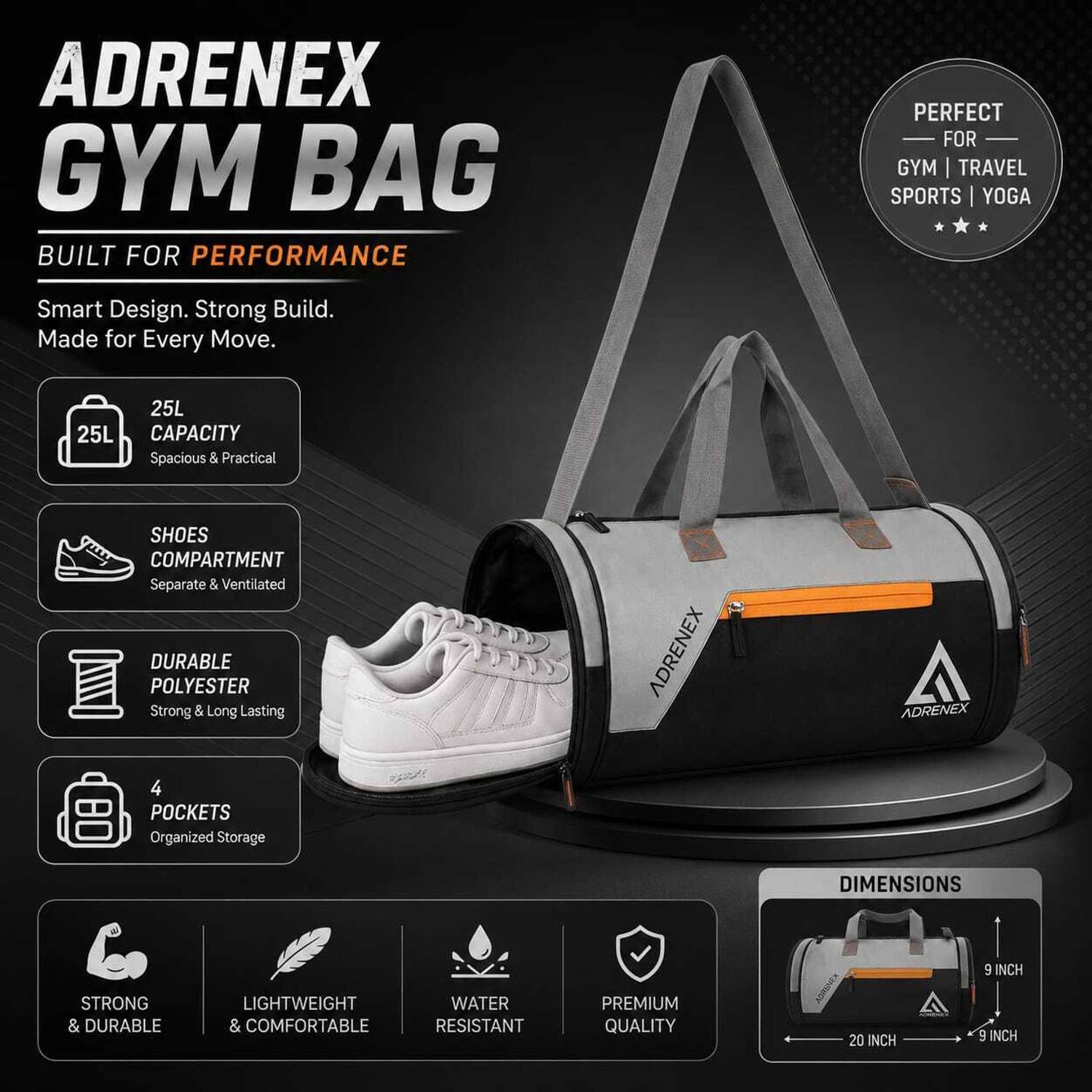 Adrenex 22L Sports Gym Bag with Shoe Compartment - Image 3