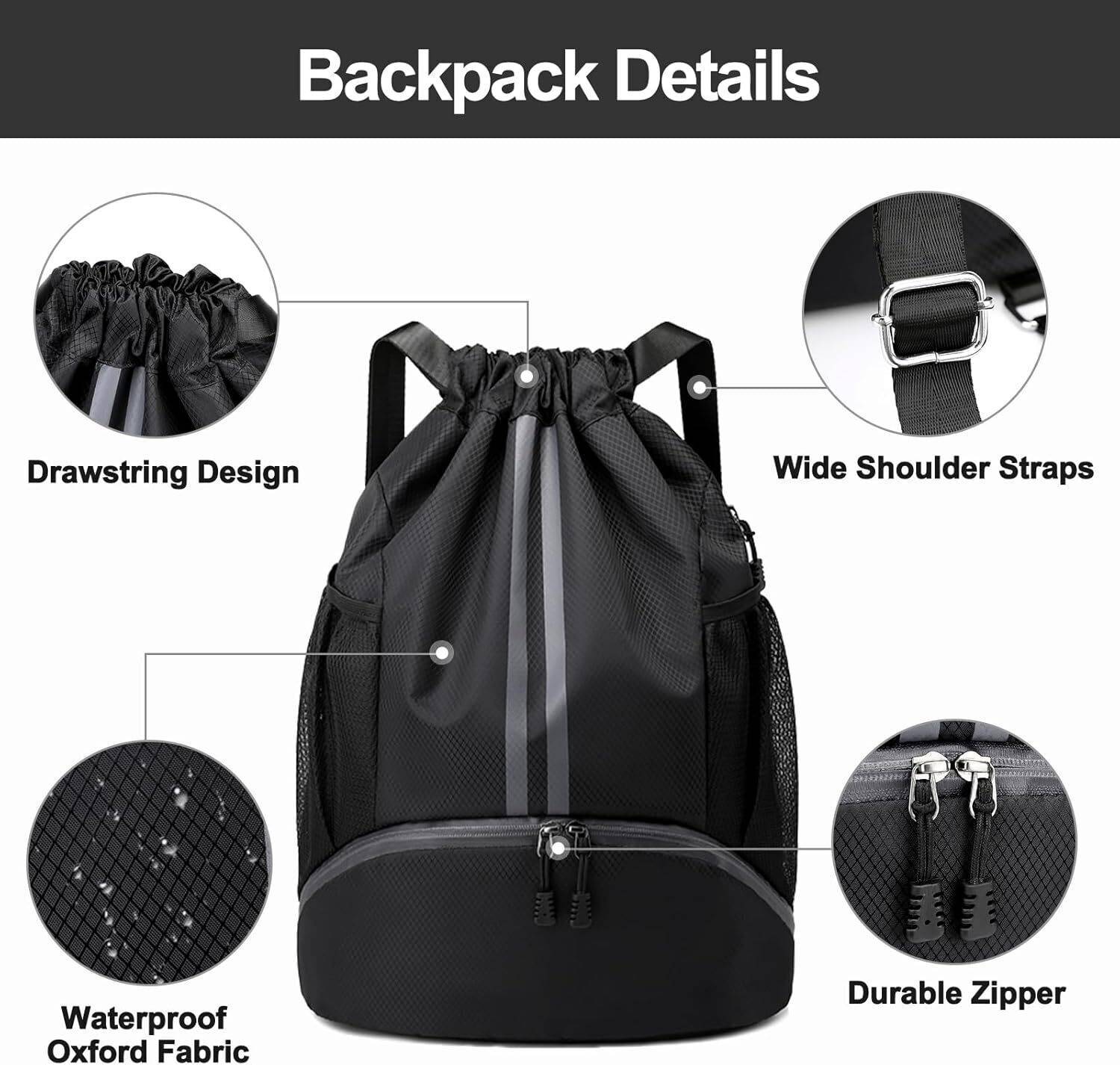 keycraze 24L Waterproof Drawstring Gym Bag Backpack Unisex with 