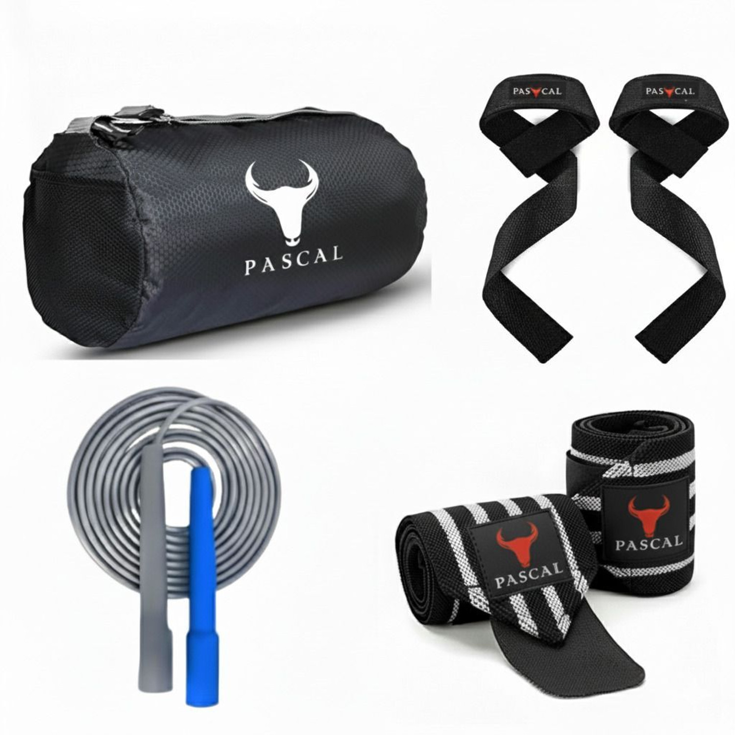 Image of Pascal Gym Bag combo with Premium wrist band,dead lift wrap, skipping rope for workout (Kit Bag)