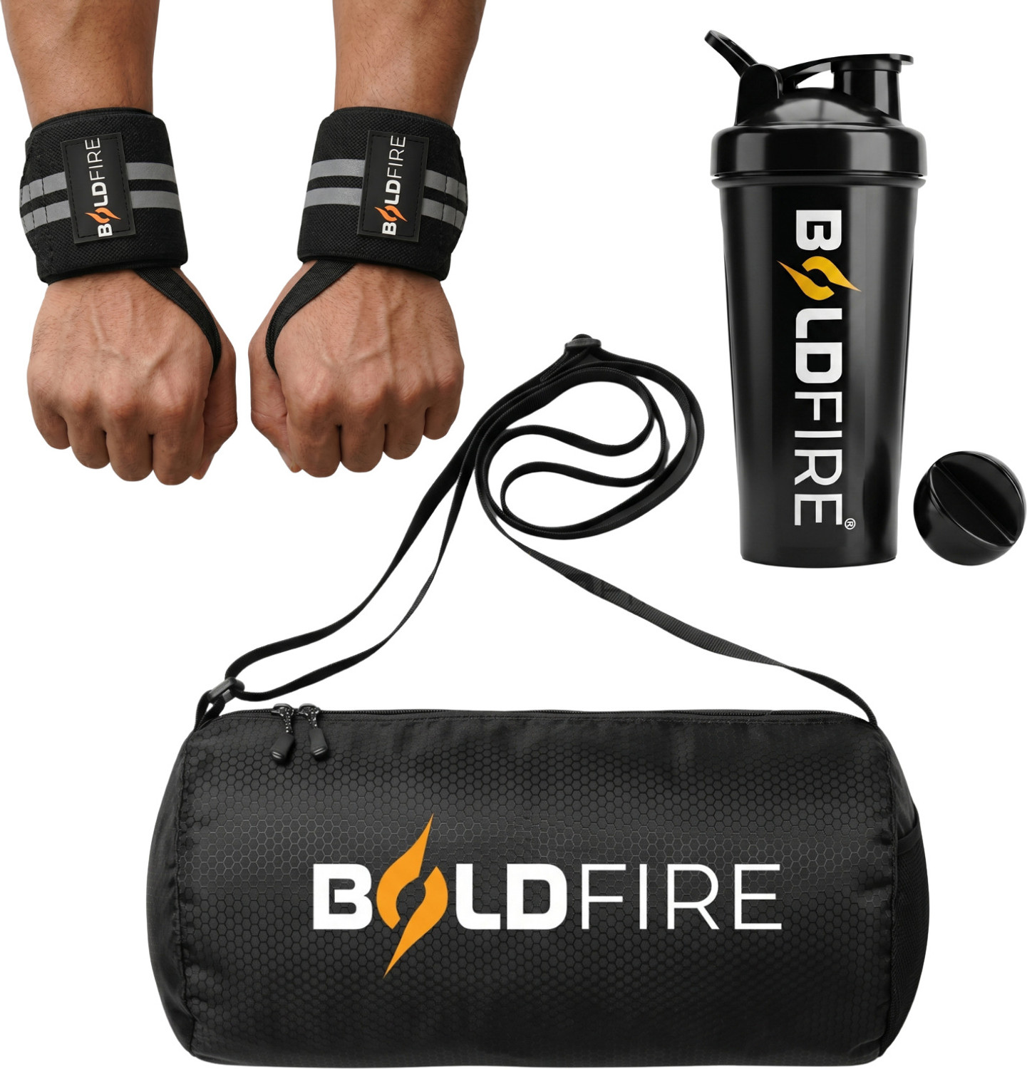 Image of BoldFire Gym Combo: Waterproof Sports Bag, Weight Lifting Straps & 700ML Protein Shaker