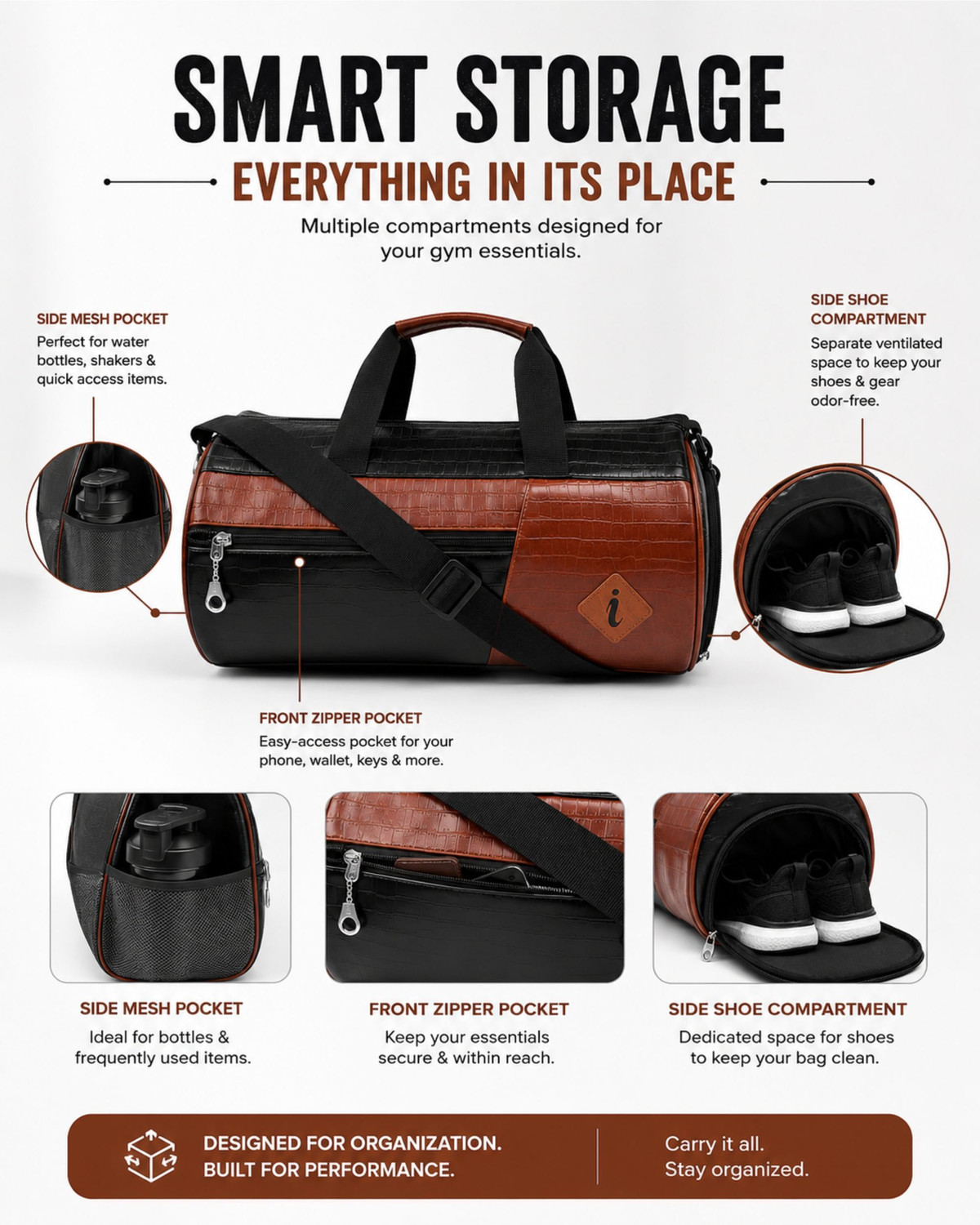 Image of Stylo Crocodile Textured Faux Leather Gym Duffel Bag with Shoe Compartment