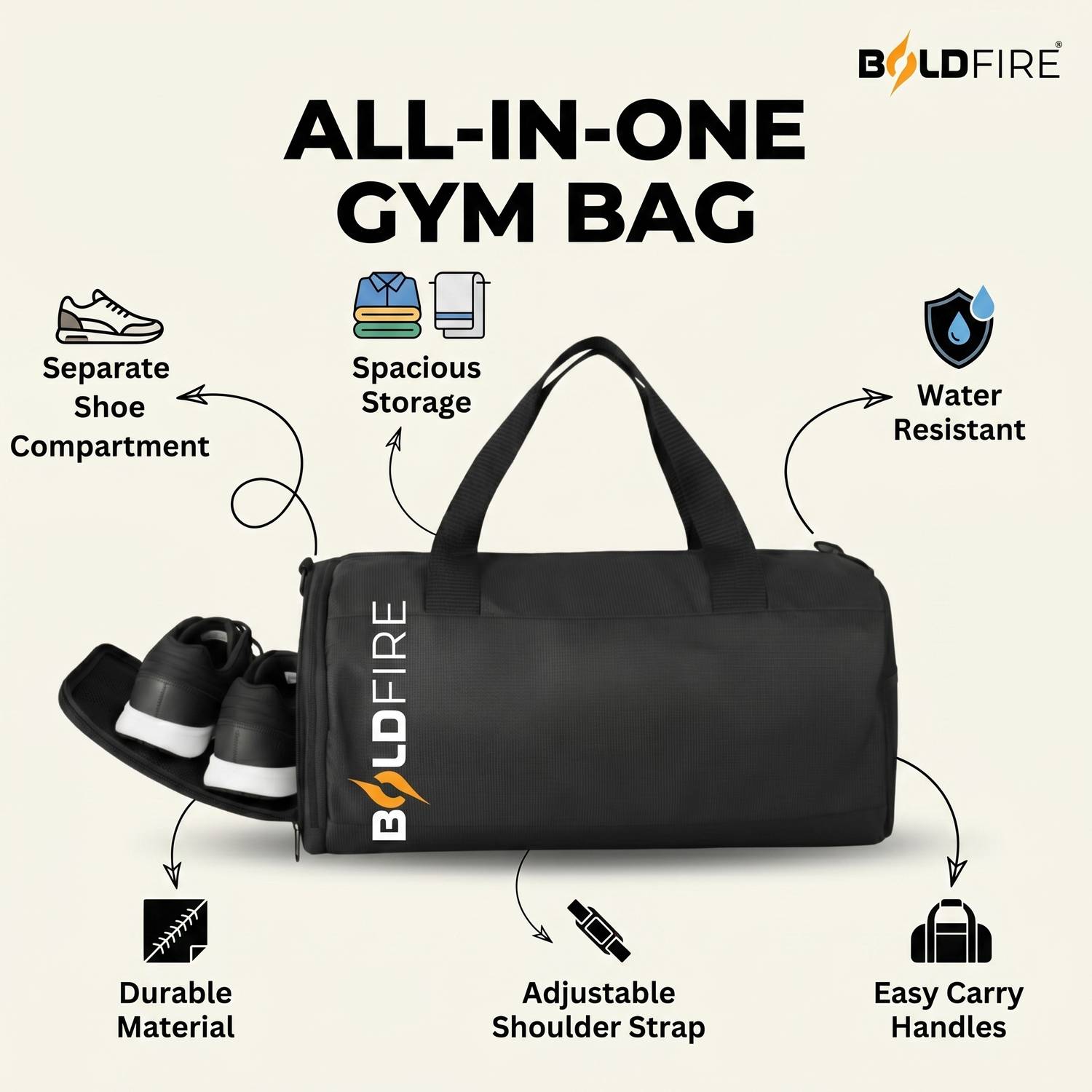 BoldFire Sports Gym Bag with Shoe Compartment - Image 4