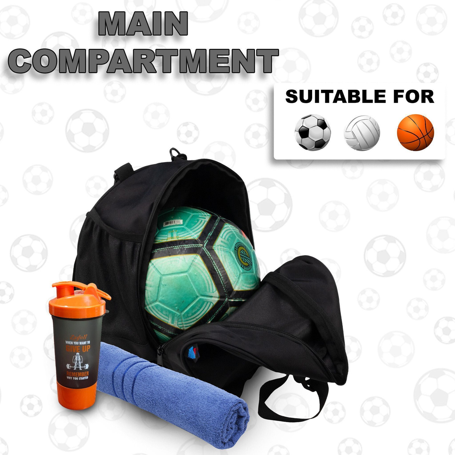 Image of WHACKK Attack Black Soccer Football Basketball Volleyball Kitbag Backpack Bag Sidebag