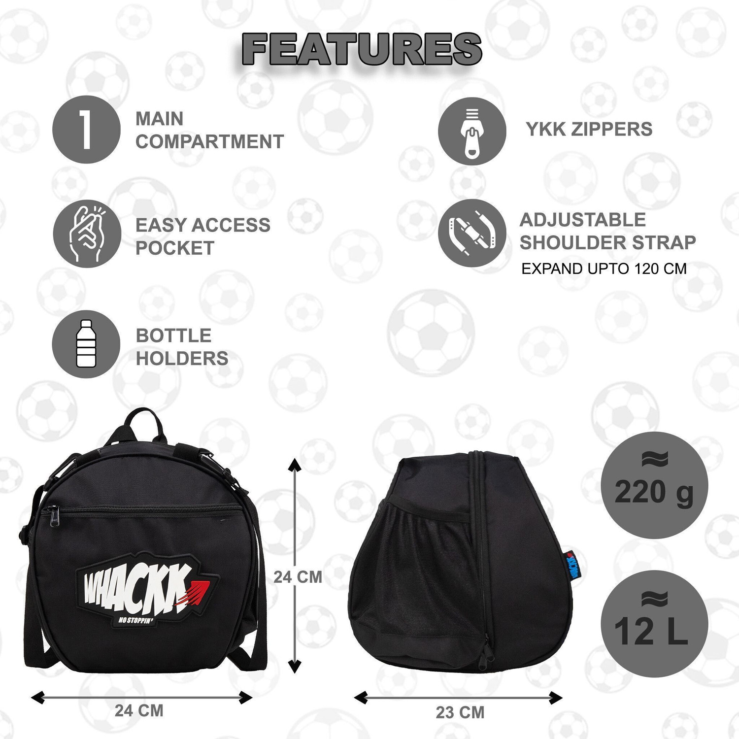 Image of WHACKK Attack Black Soccer Football Basketball Volleyball Kitbag Backpack Bag Sidebag
