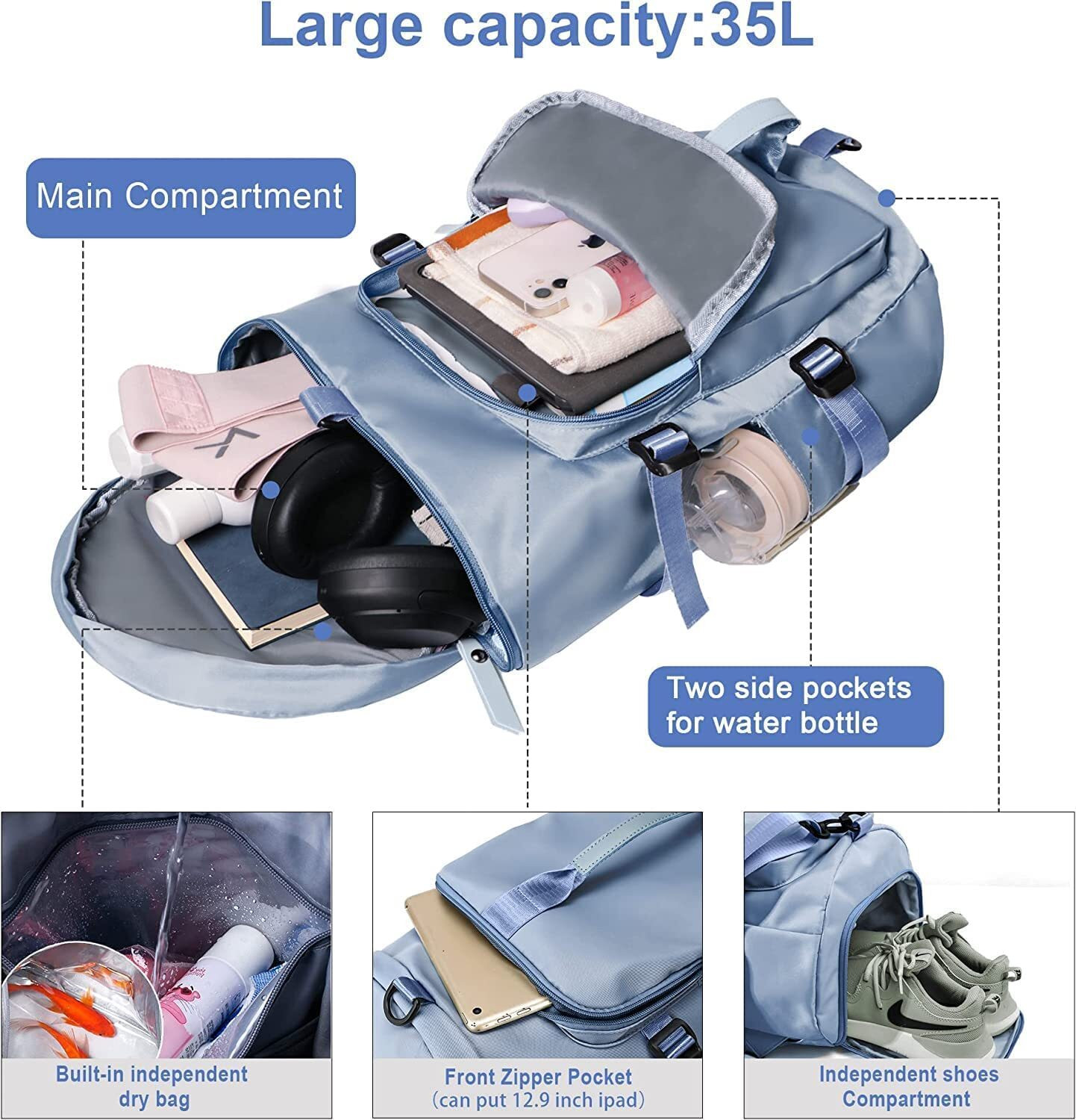 Image of WEIRVI Sports Gym Bag with Wet Pocket & Shoes Compartment Unisex Bag