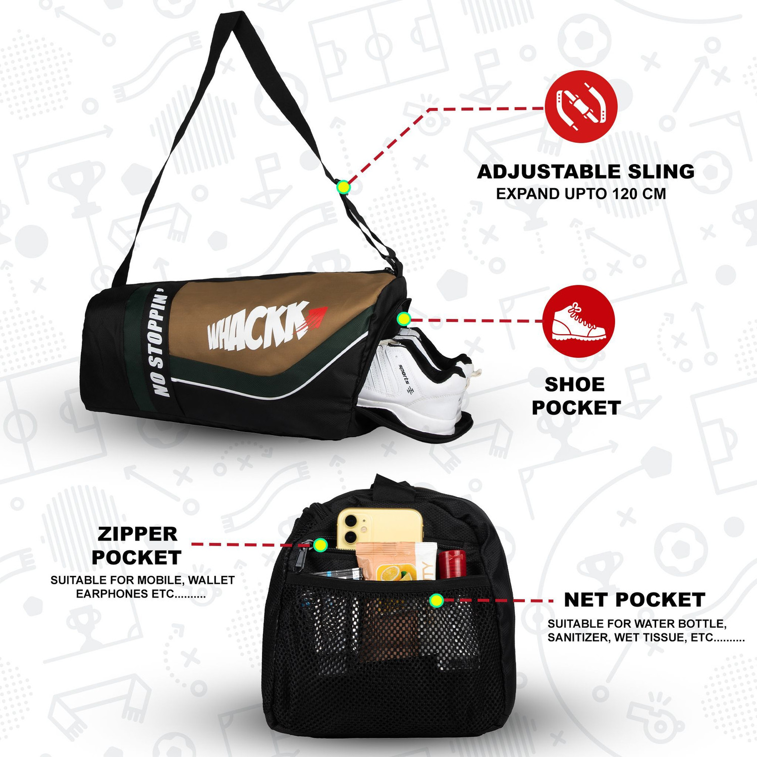 Image of WHACKK Armstrong Blk Khaki 33L Gym Fitness exercise Sports duffle bag Shoe dry /wet pkts