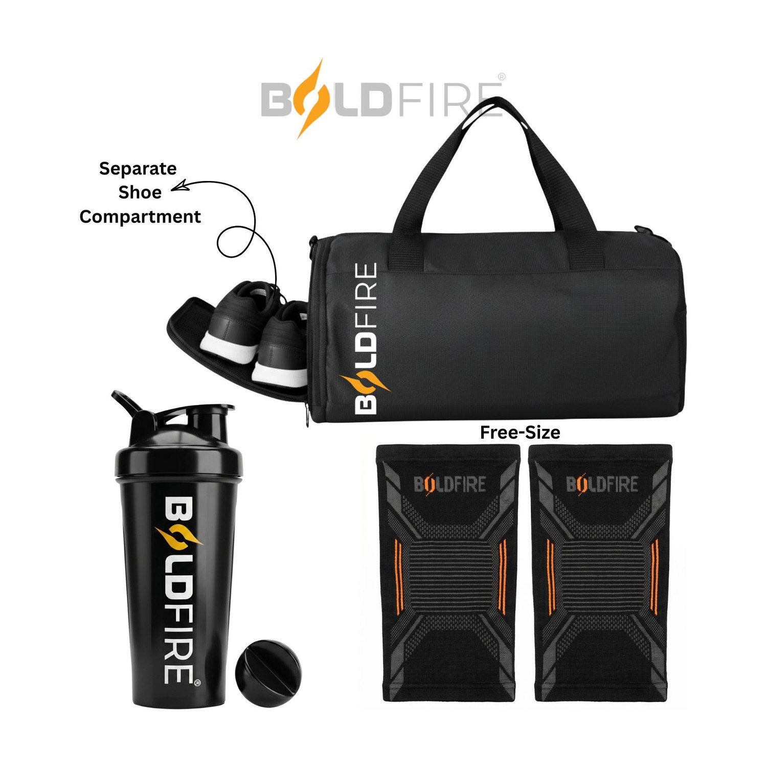Image of BoldFire Sports Gym Bag with Shoe Compartment + Knee Support (Free Size),Shaker Bottle