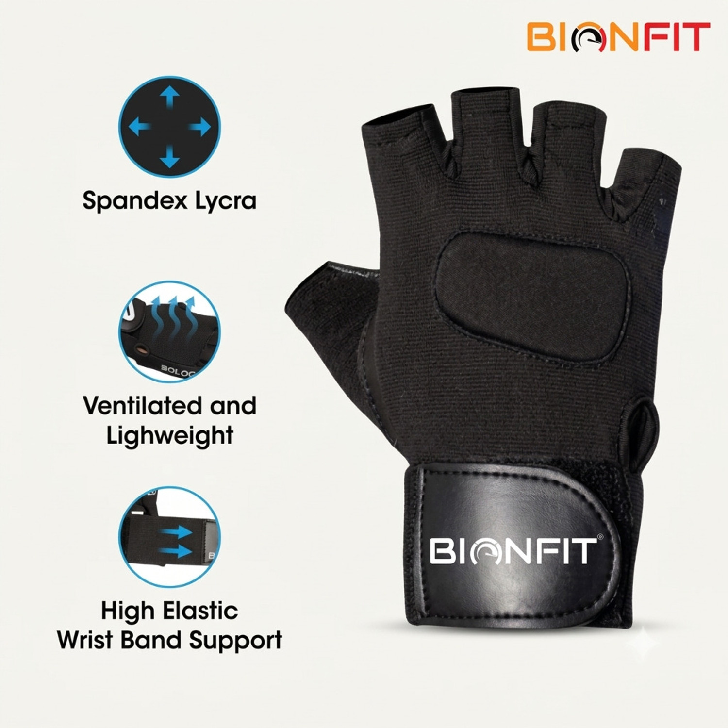 Image of BIONFIT Gym Gloves for Men & Women with Wrist Support, Anti-Slip Padded Weightlifting Gym & Fitness Gloves (Black)