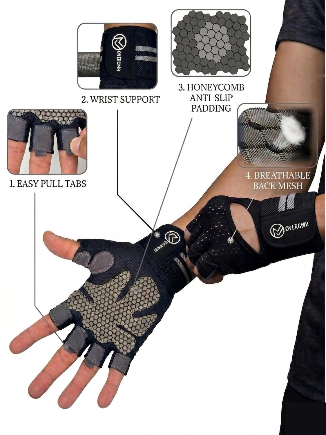 Image of Overcmr Gym Gloves for Women & Man | Padded with Silicone Grid for Maximum Grip (S) Gym & Fitness Gloves (Black)