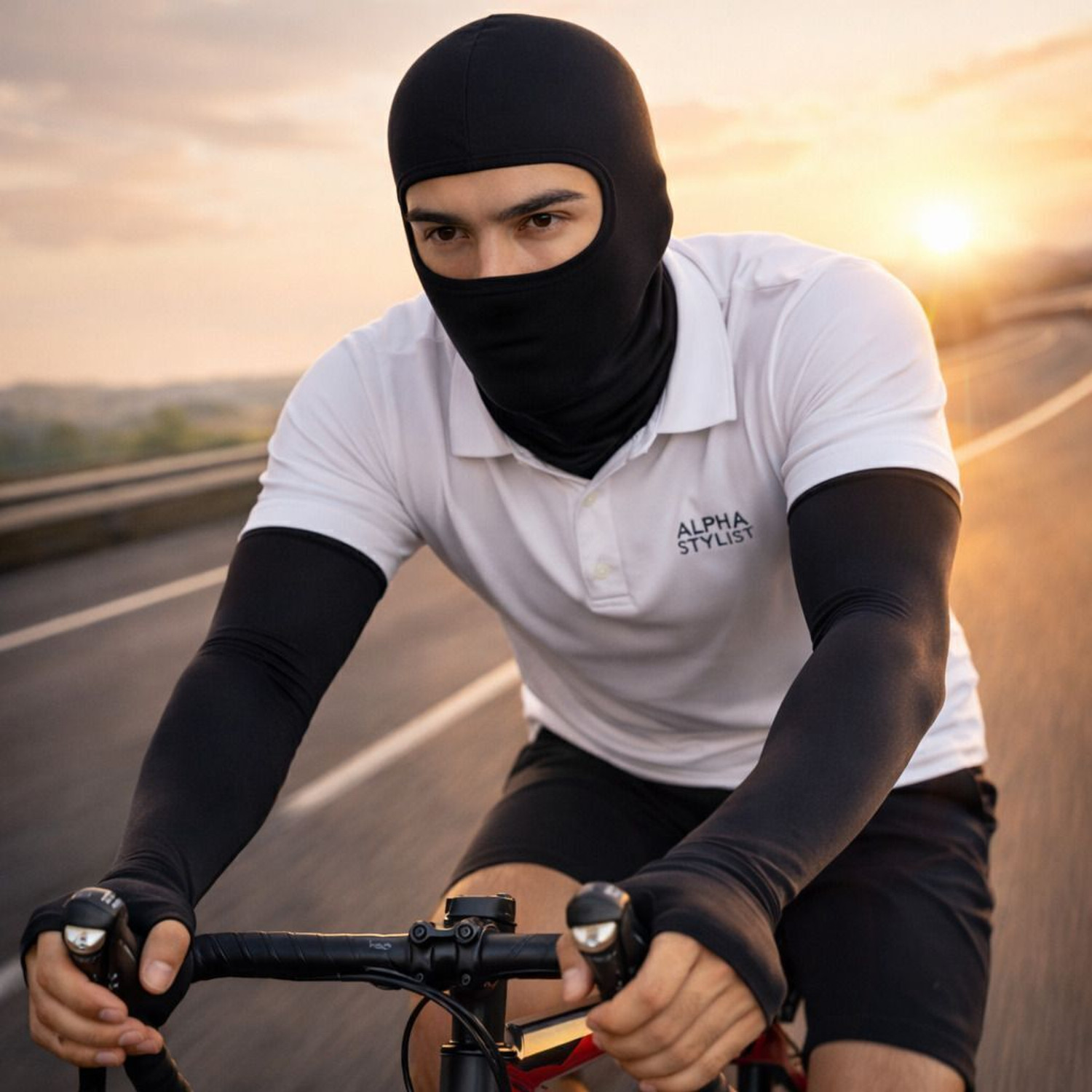 Image of ALPHA STYLIST Balaclava Face Mask & Arm Sleeves Sports Combo- UV Protection for Face & Arms - Riding Gloves