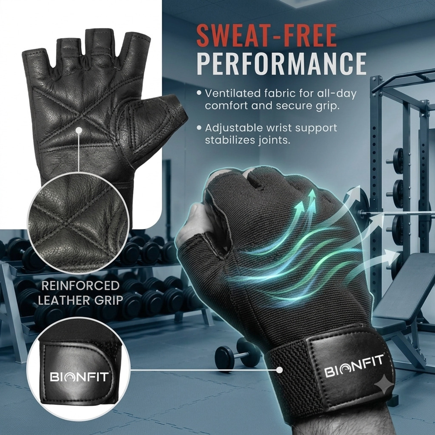 Image of BIONFIT Gym Gloves for Men & Women with Wrist Support, Anti-Slip Padded Weightlifting Gym & Fitness Gloves (Black)