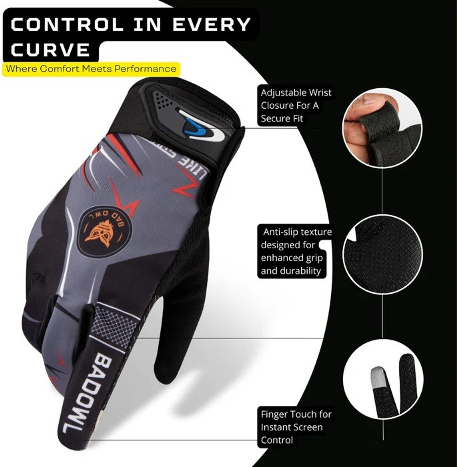 Image of BAD OWL Motoflex Full Finger Bike Riding Gloves Touchscreen Non-Slip Grip Men Riding Gloves